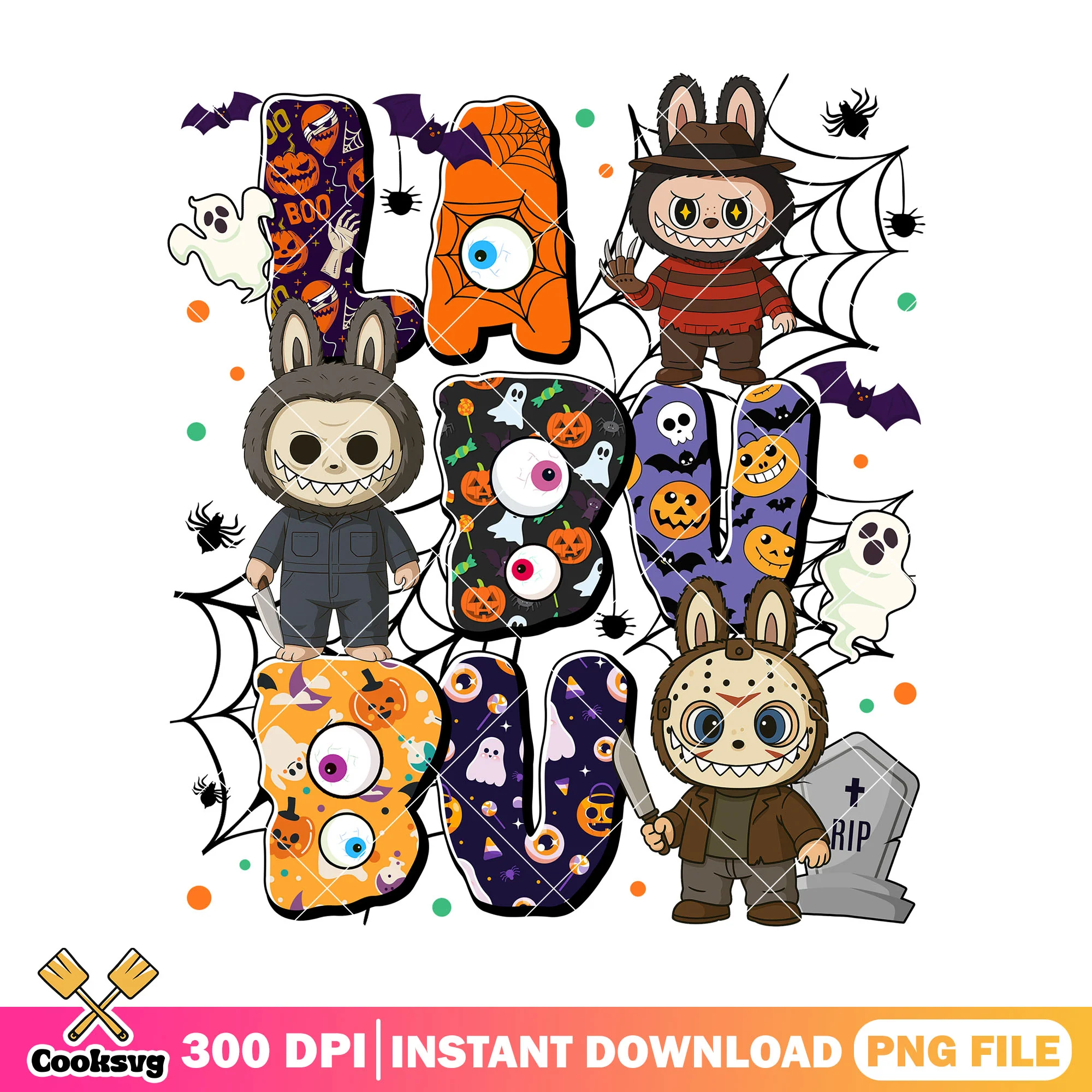 Labubu trick or treat design png, halloween dolls png, scary dolls png