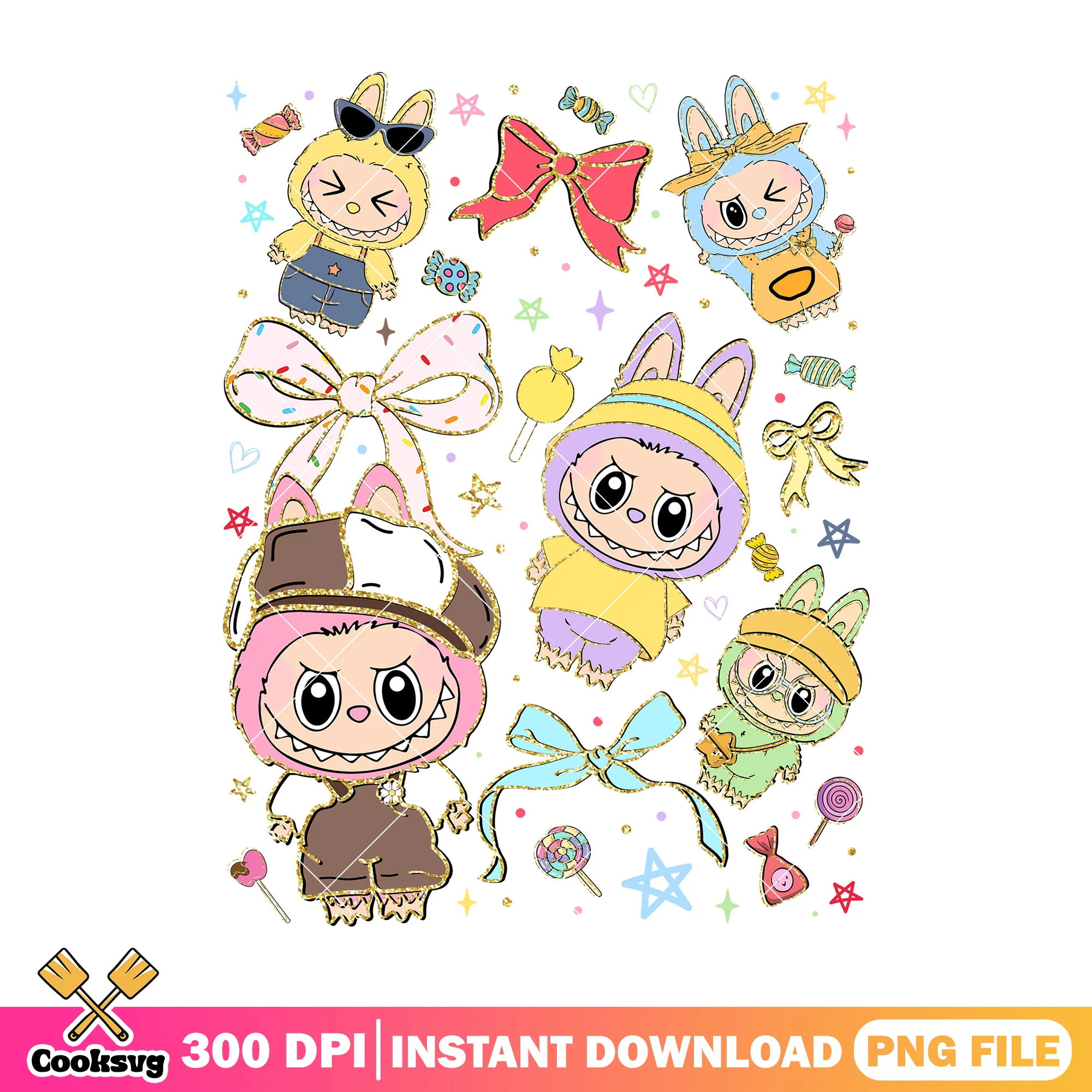 Labubu various outfits png, labubu happy png, labubu plush png