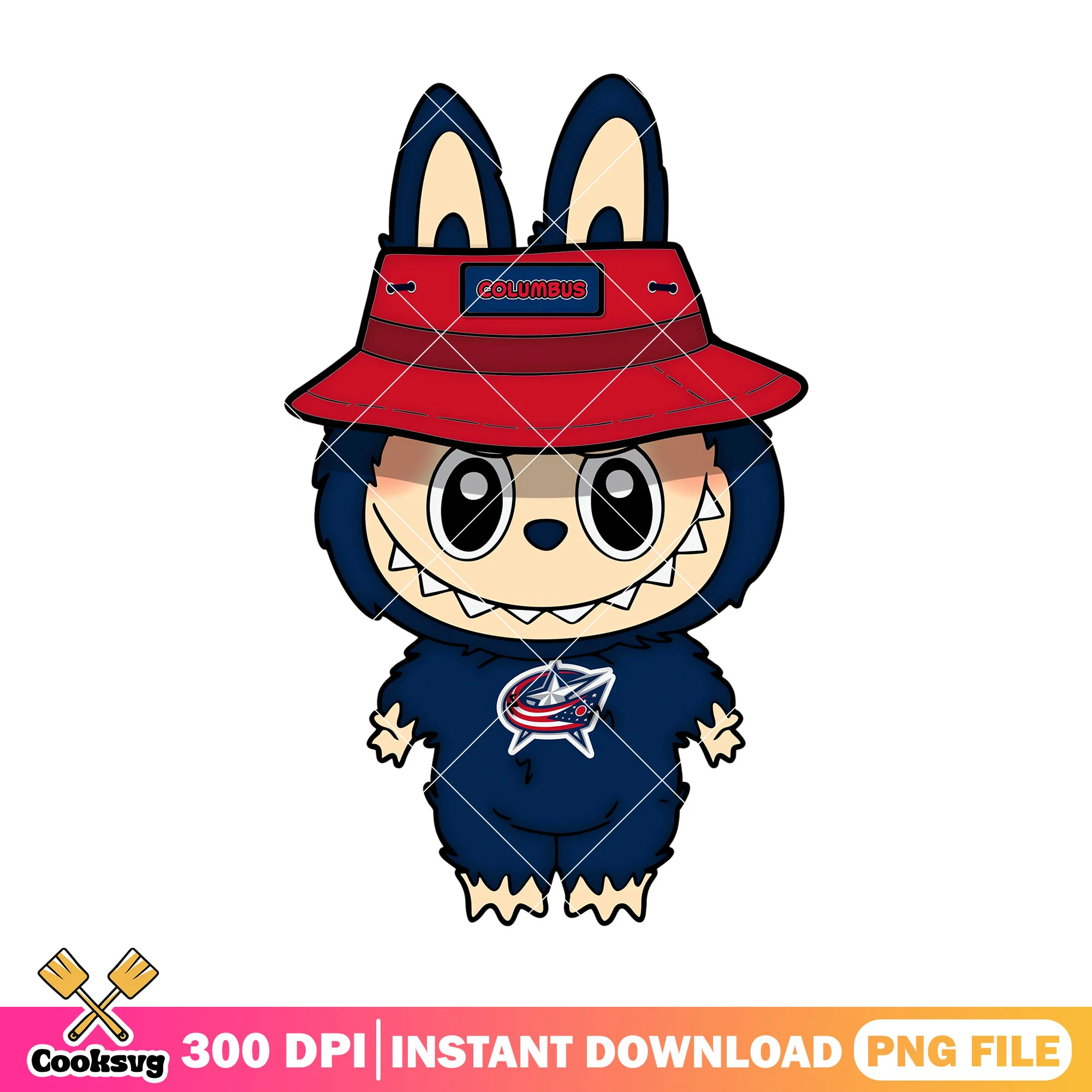 Labubu wear red hat png, labubu cute png, columbus blue jackets png