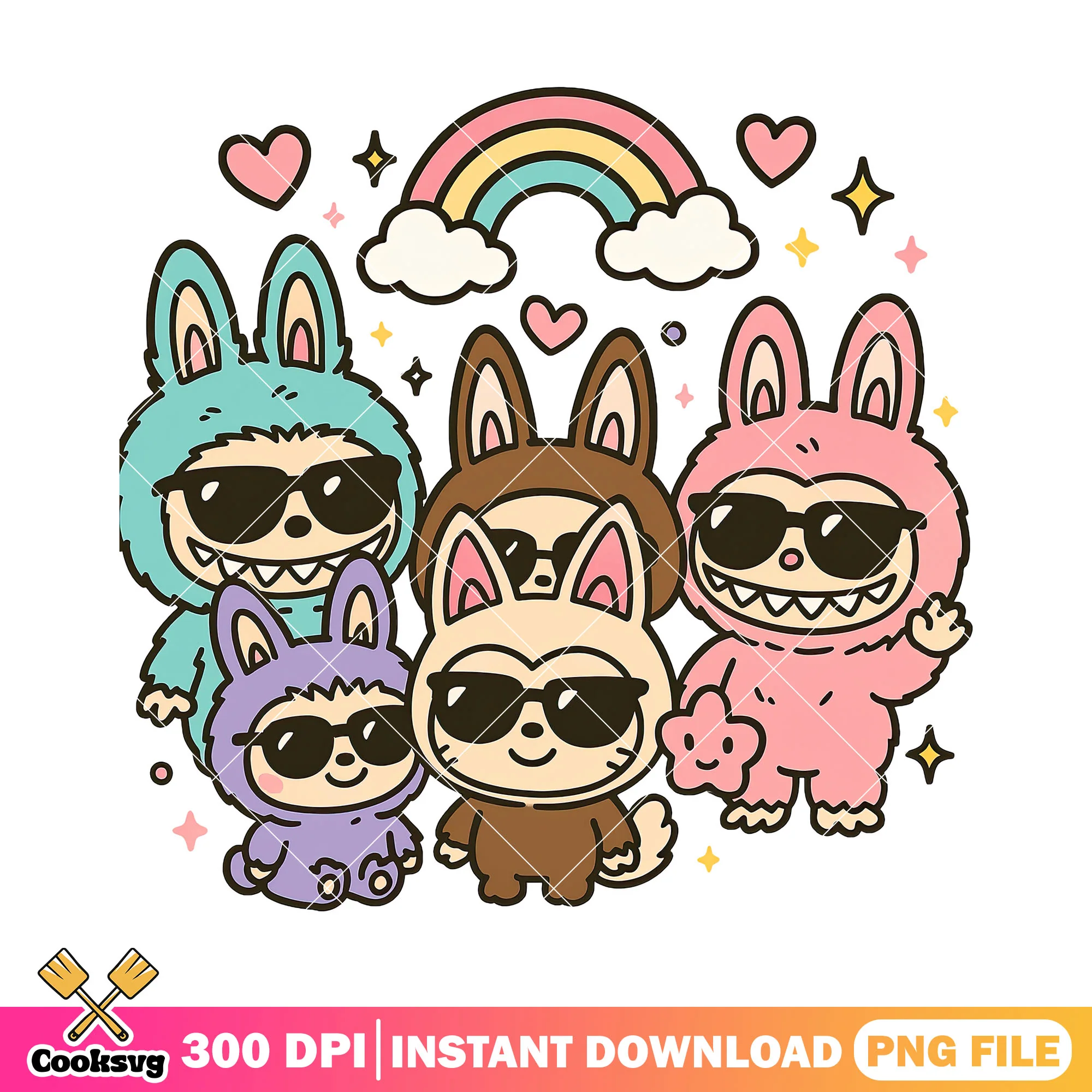 Labubu wear sunglasses png, labubu friends png, labubu colours png