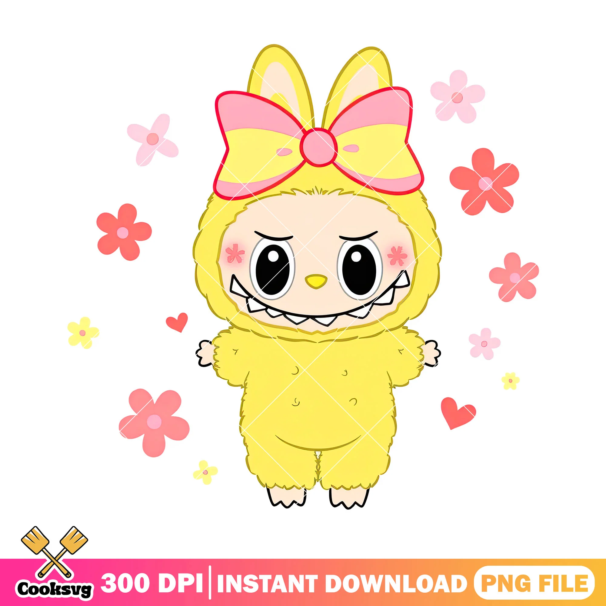 Labubu with beautiful bow png, labubu yellow png, labubu png