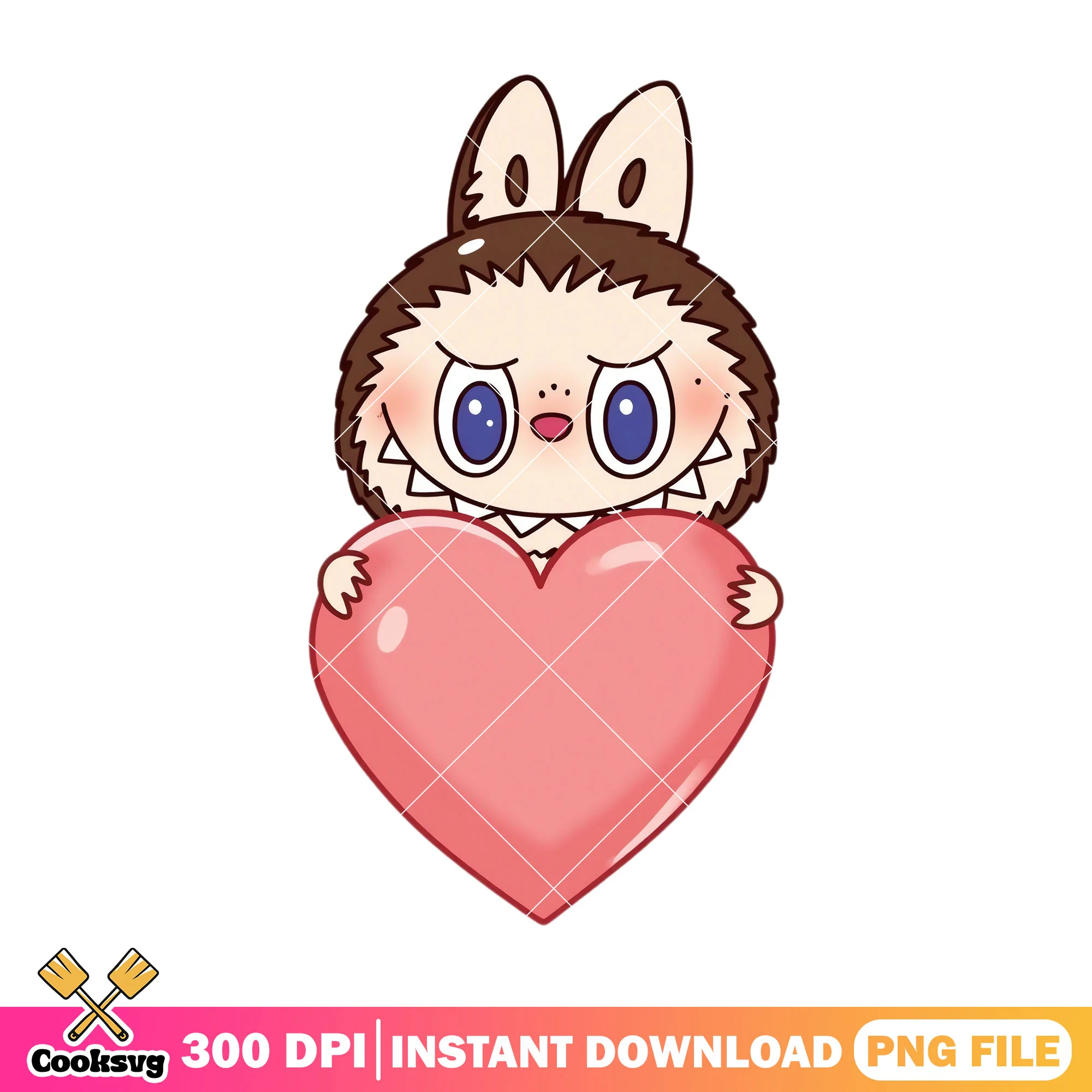 Labubu with big heart png, labubu brown png, labubu happy png