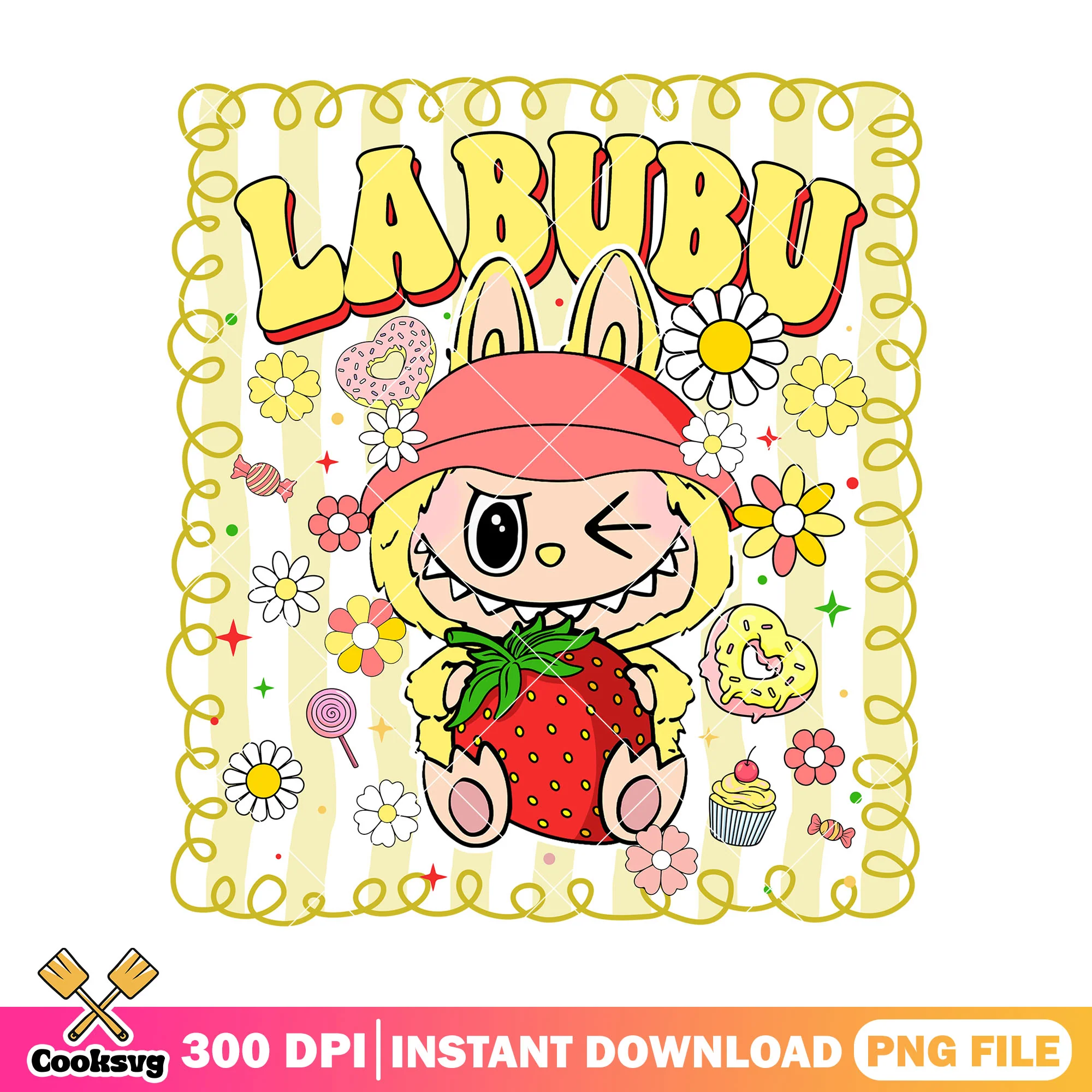 Labubu with big strawberry png, labubu yellow png, labubu png
