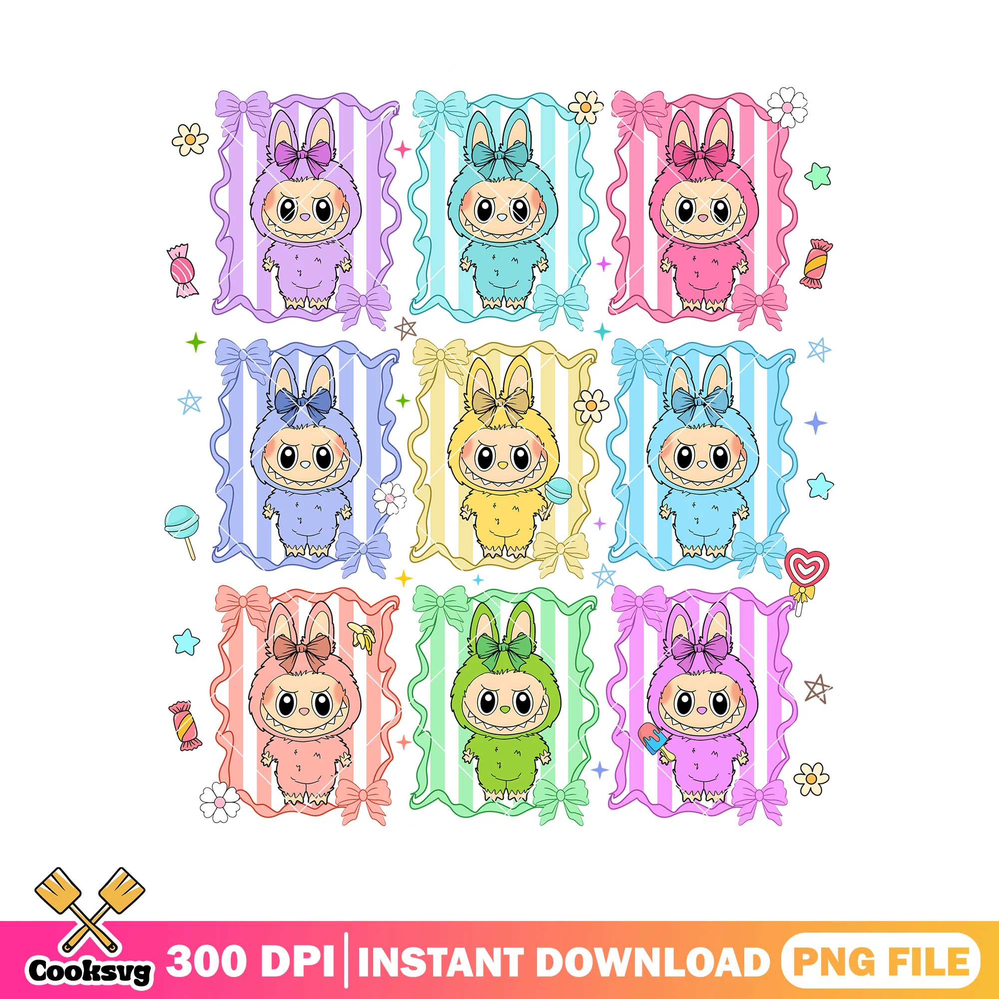 Labubu with colours png, labubu friends png, labubu plush png