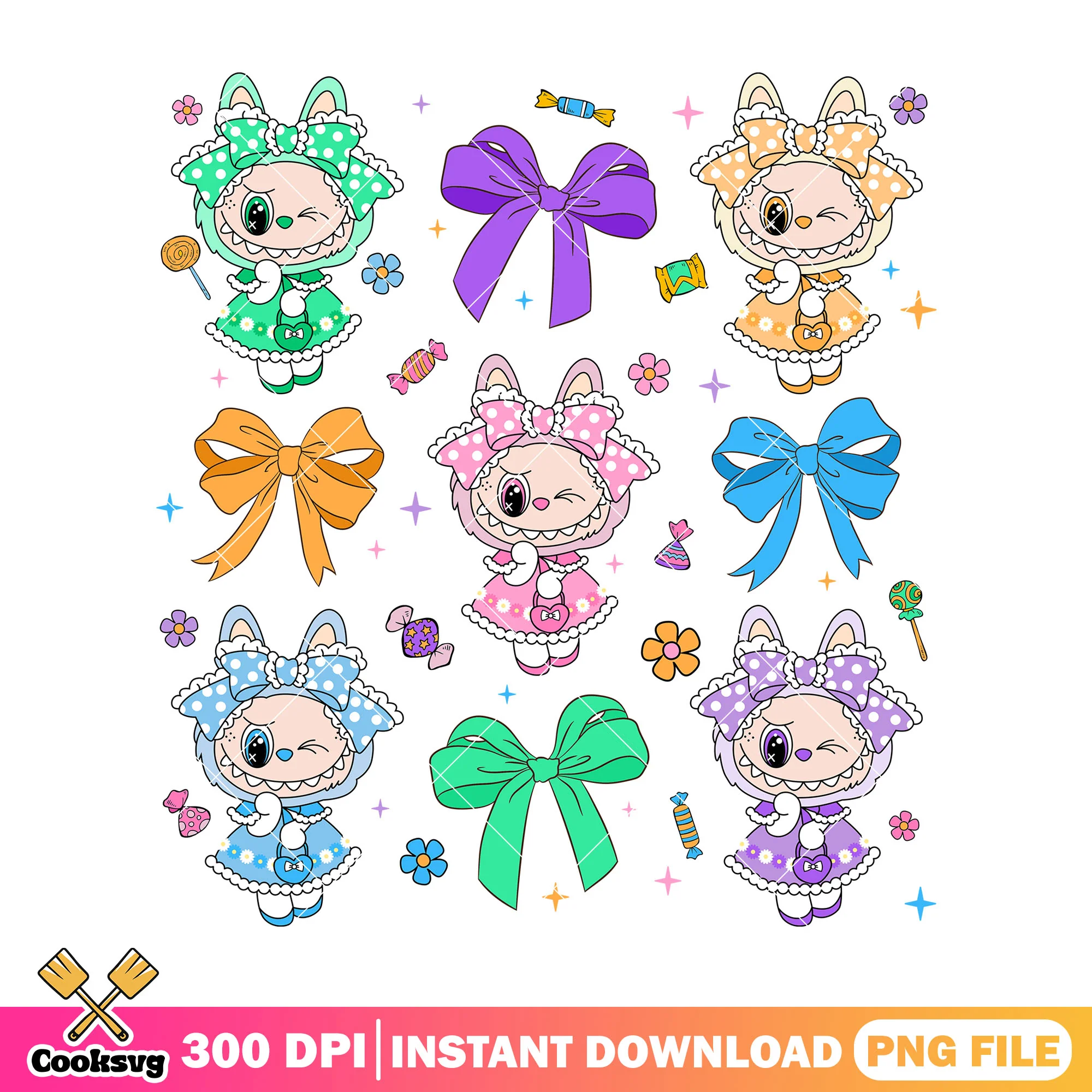 Labubu with different dresses png, labubu cute png, labubu png