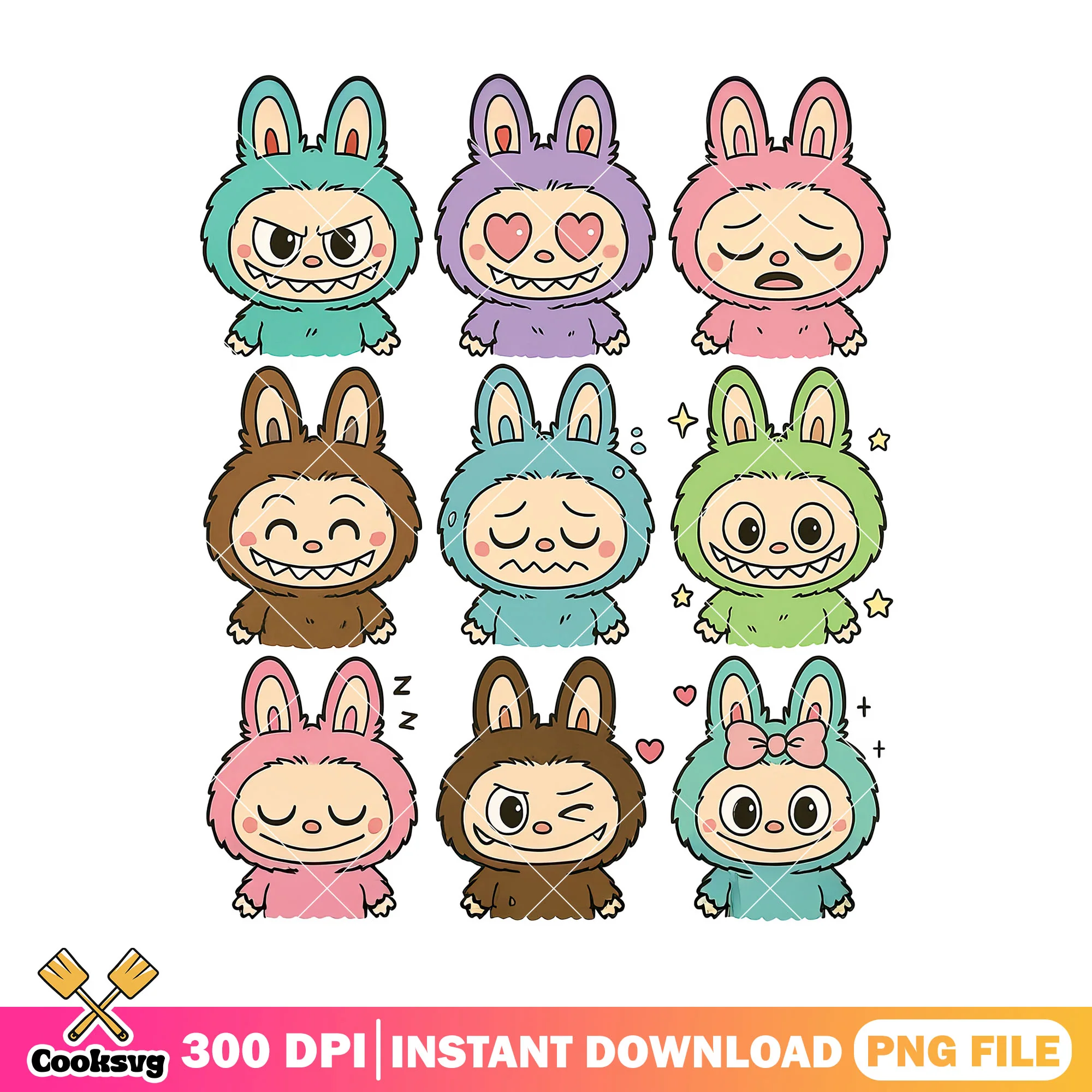 Labubu with different emotions png, cute labubu png, labubu friends png