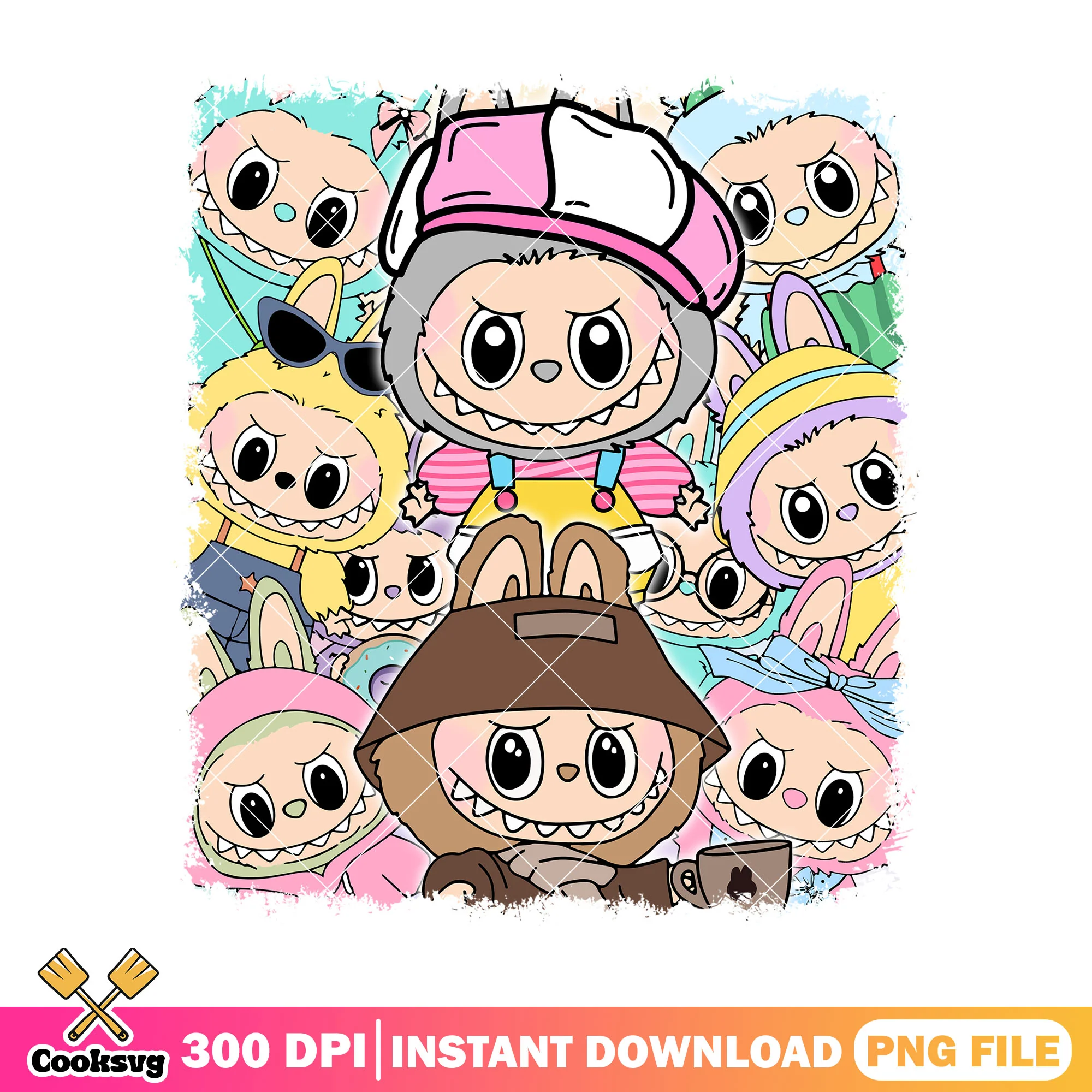 Labubu with different outfits png, labubu friend png, labubu popmart png