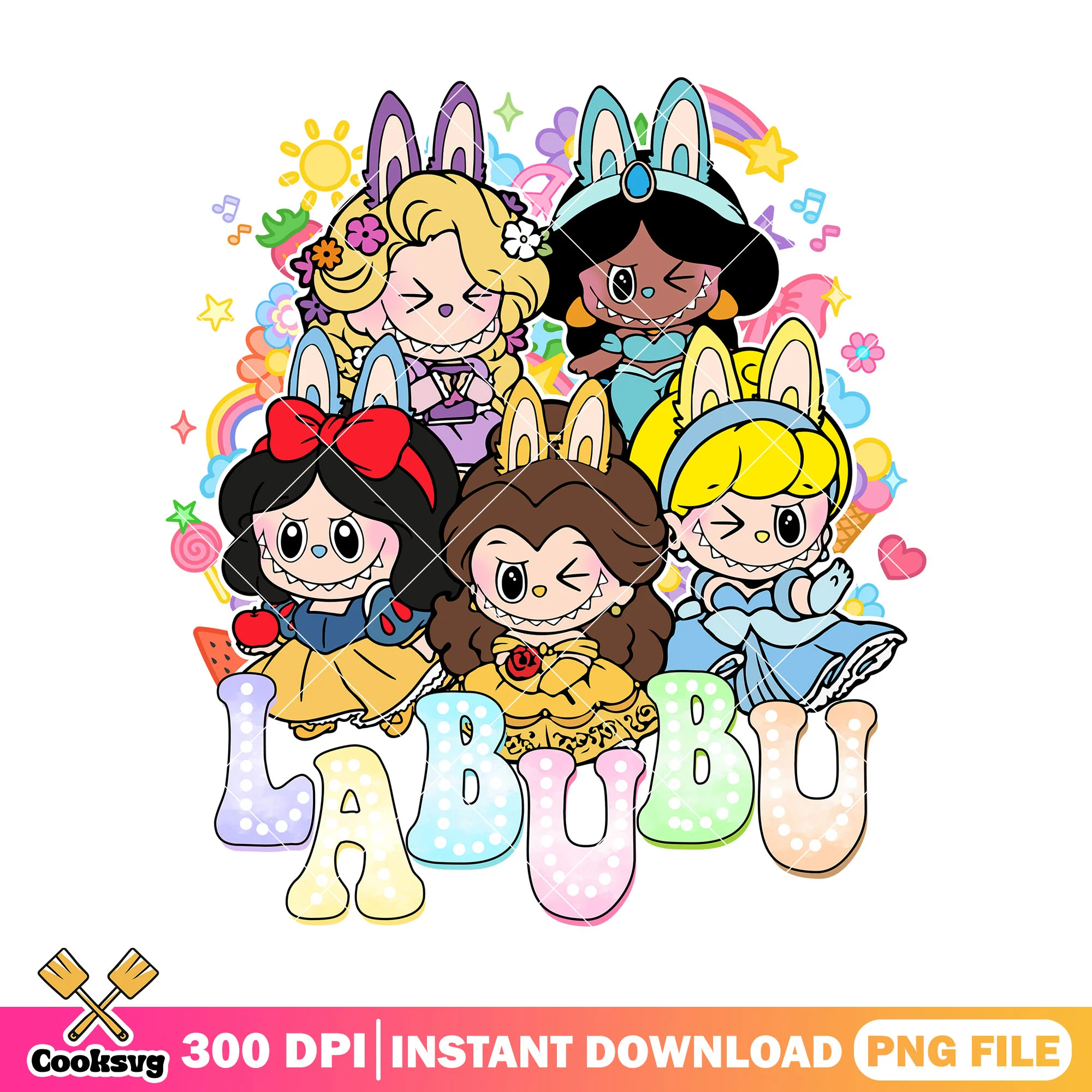 Labubu with disney princess png, labubu outfit png, labubu cartoon png