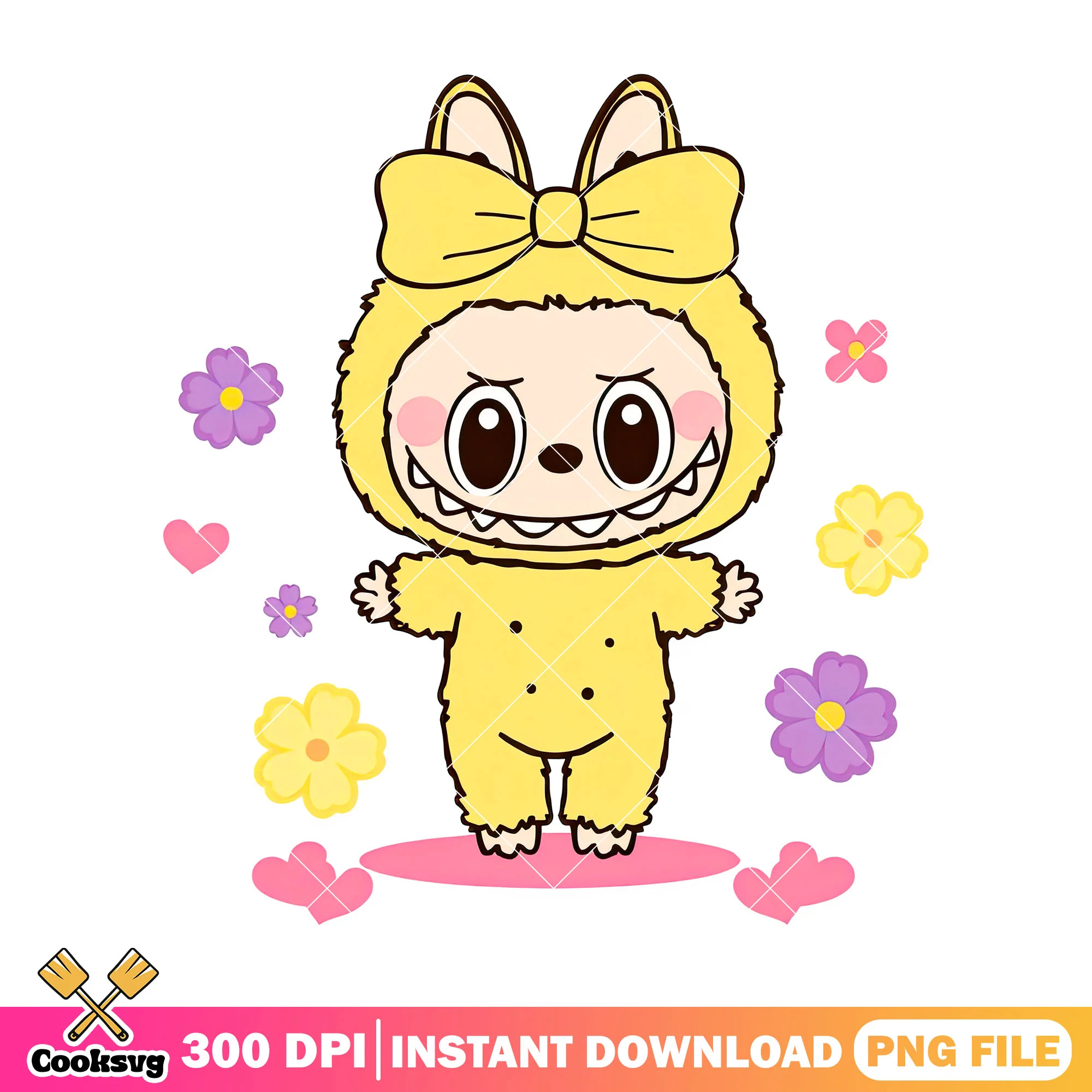 Labubu with flowers png, labubu happy png, labubu hehe png