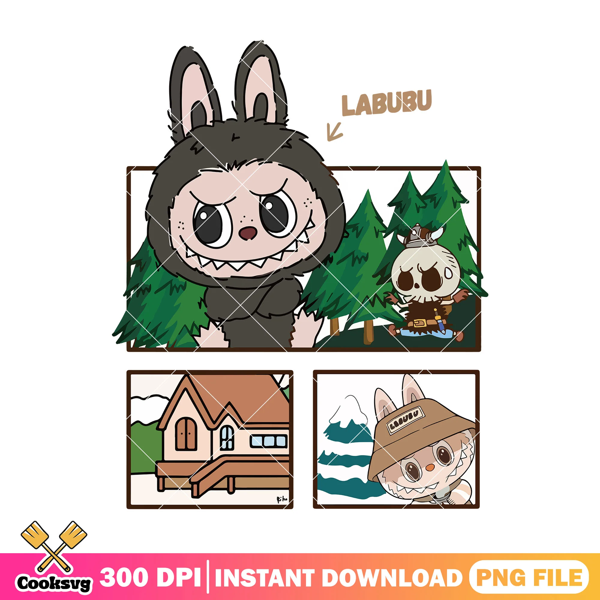 Labubu with nummskull comic png, brown labubu png, labubu happy png