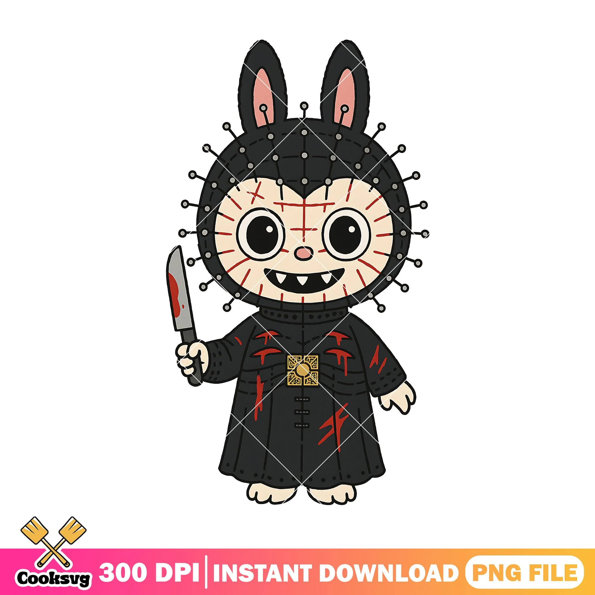 Labubu with pinhead outfit png, pinhead halloween png, labubu horror png