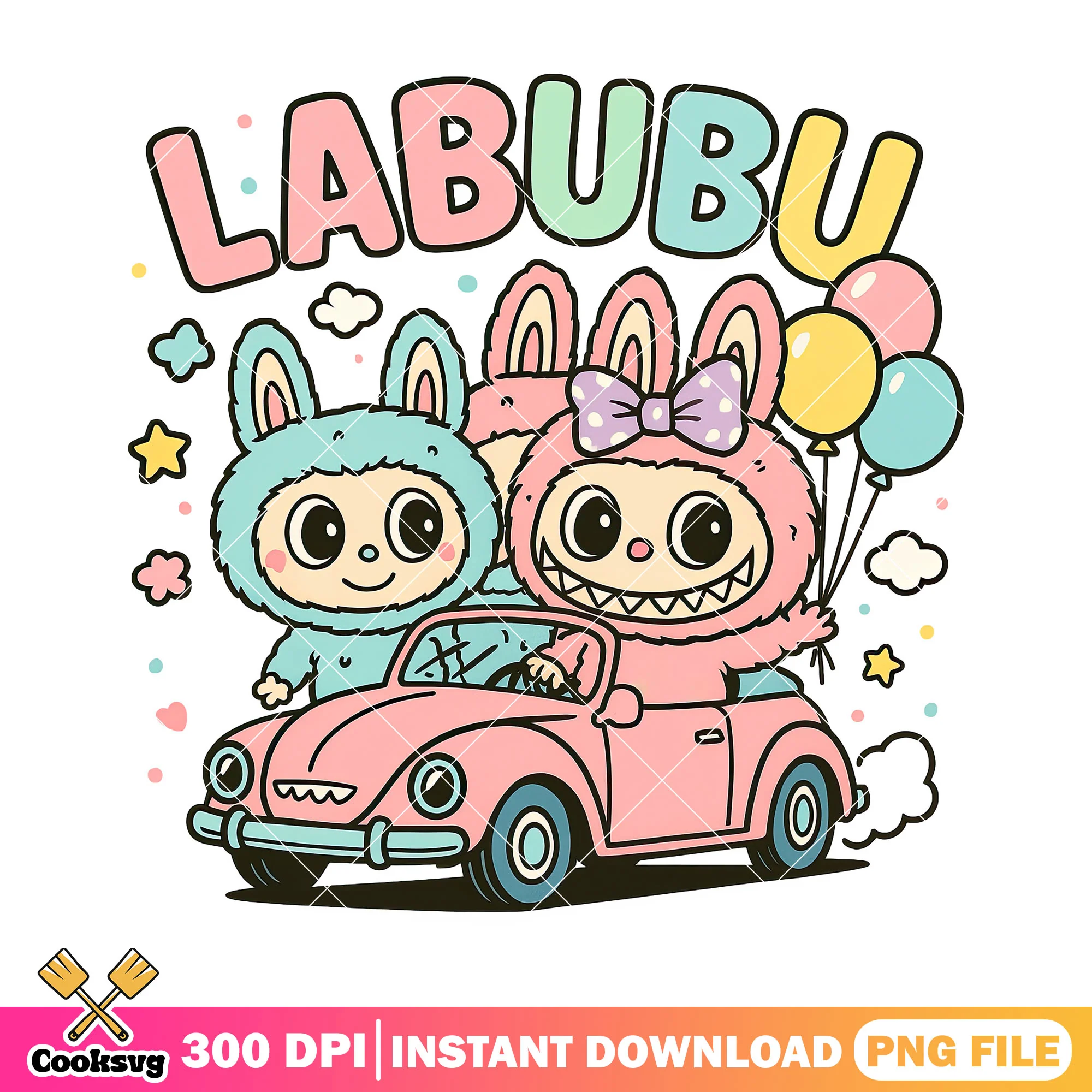 Labubu with pink car png, labubu hehe png, labubu popmart png