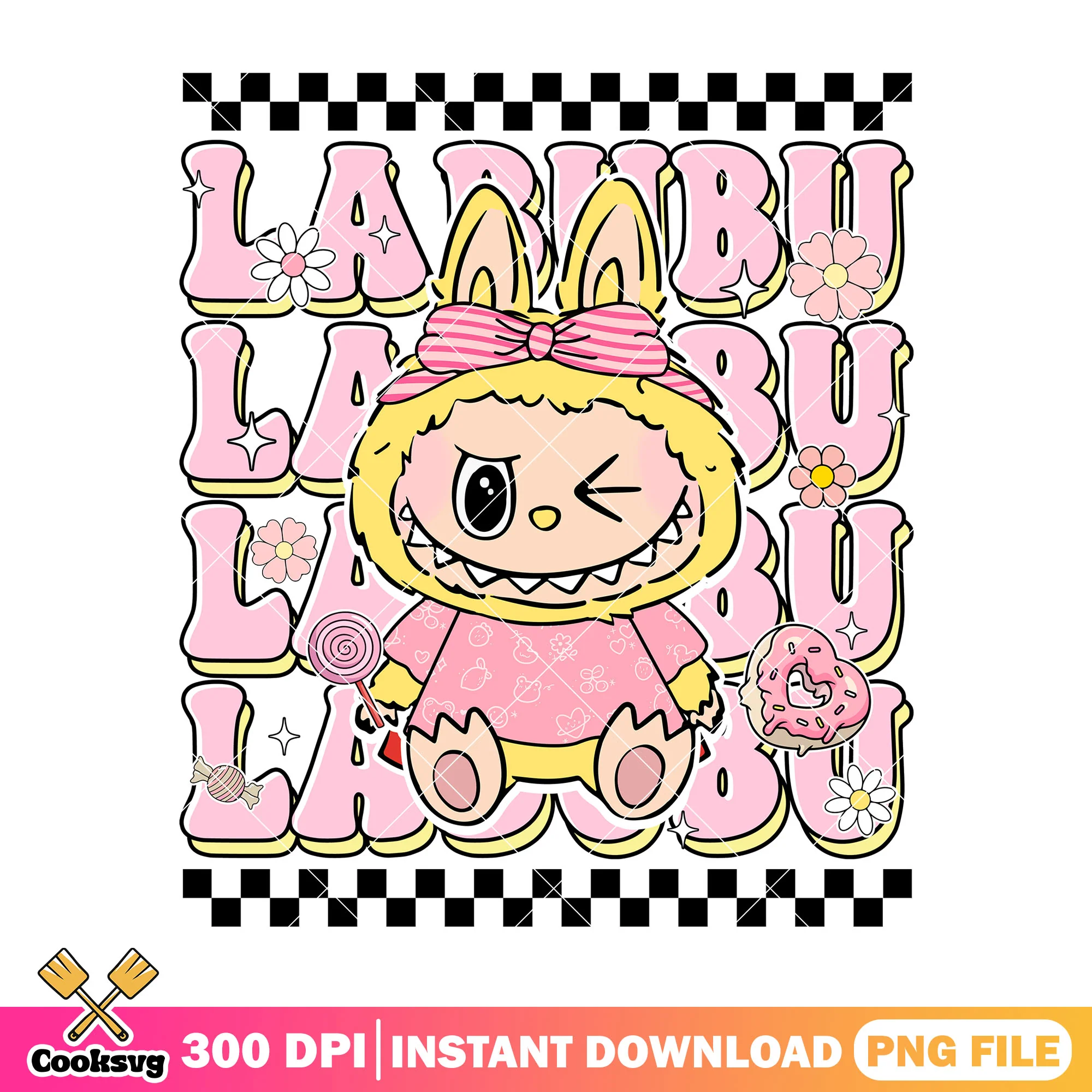 Labubu with pink clothes png, labubu yellow png, labubu hehe png