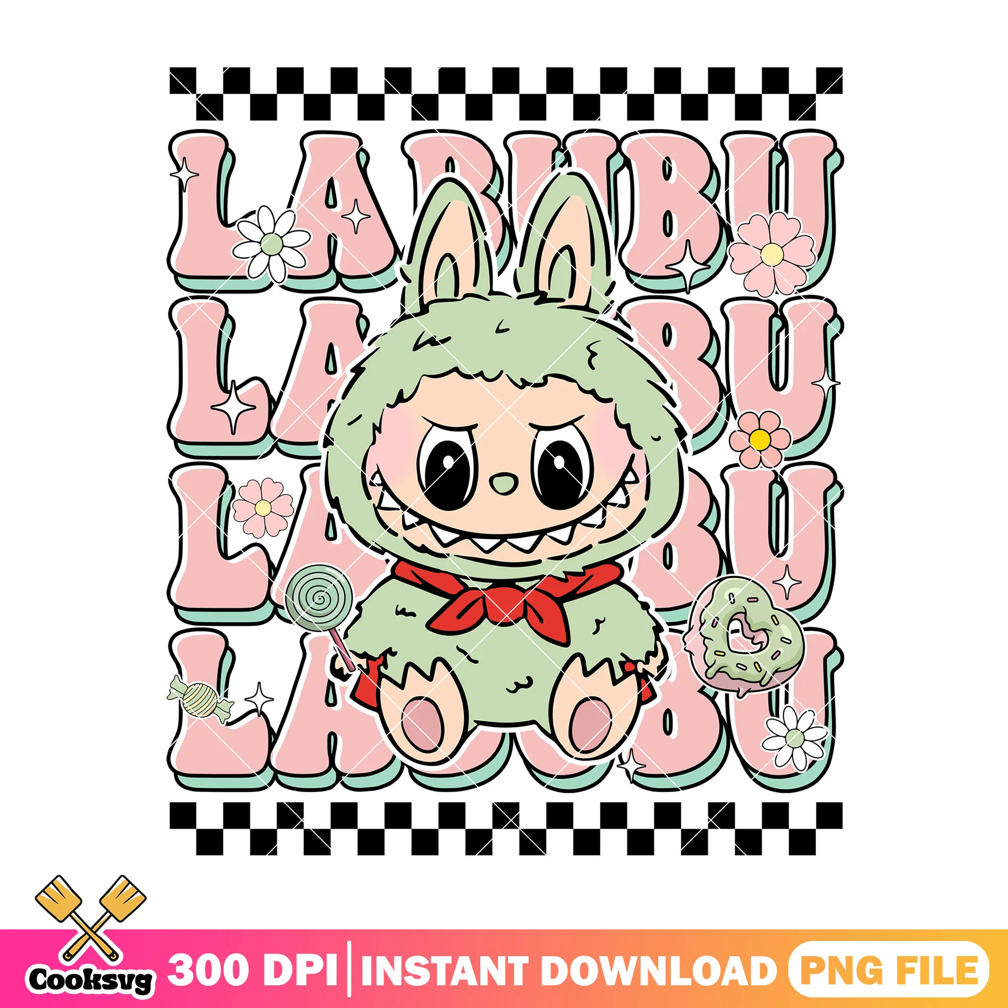 Labubu with red scarf png, labubu sitting png, labubu green png