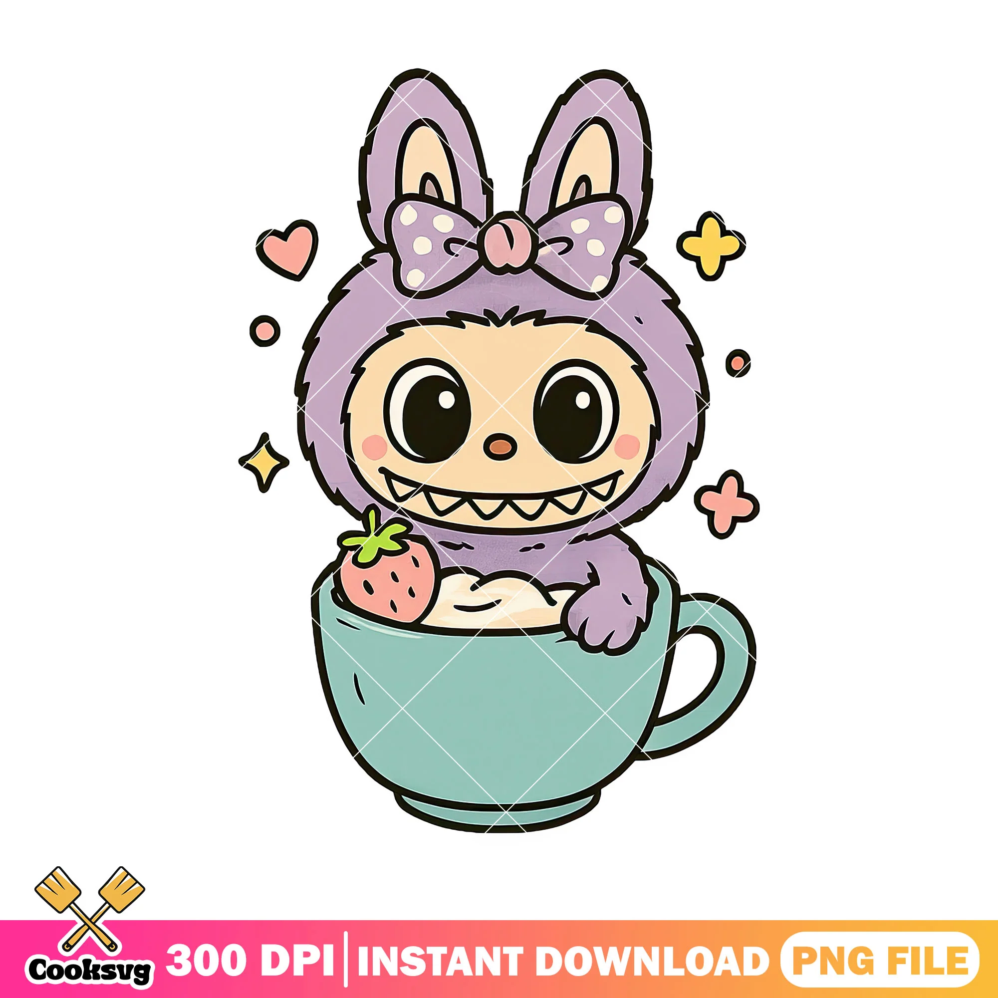 Labubu with strawberry in a cup png, purple labubu png, cute labubu png