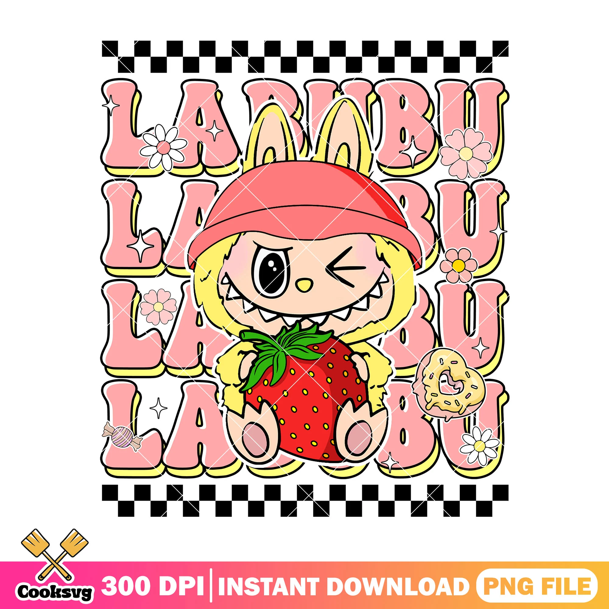 Labubu with strawberry png, labubu yellow png, labubu happy png