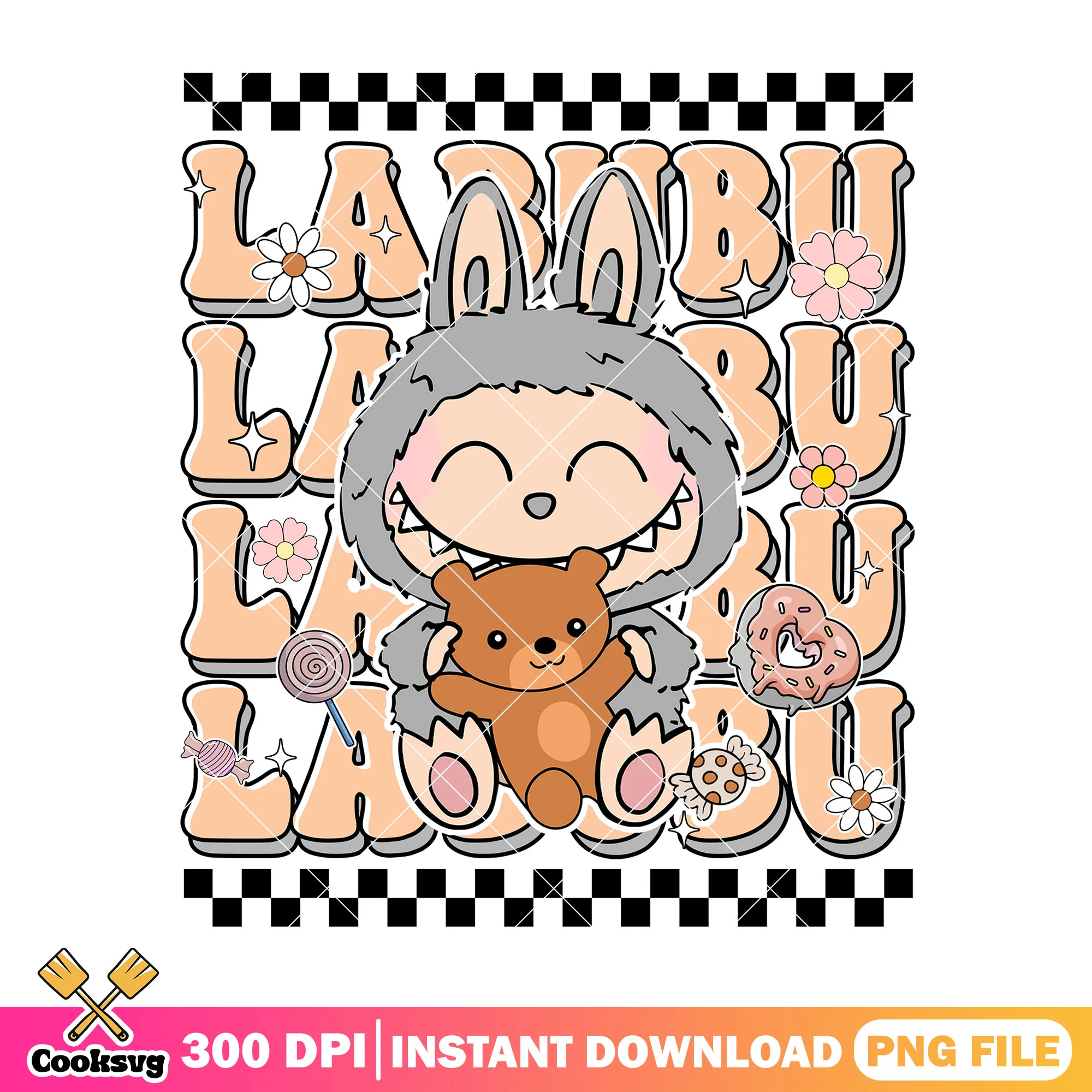 Labubu with teddy bear toy png, labubu grey png, labubu sitting png