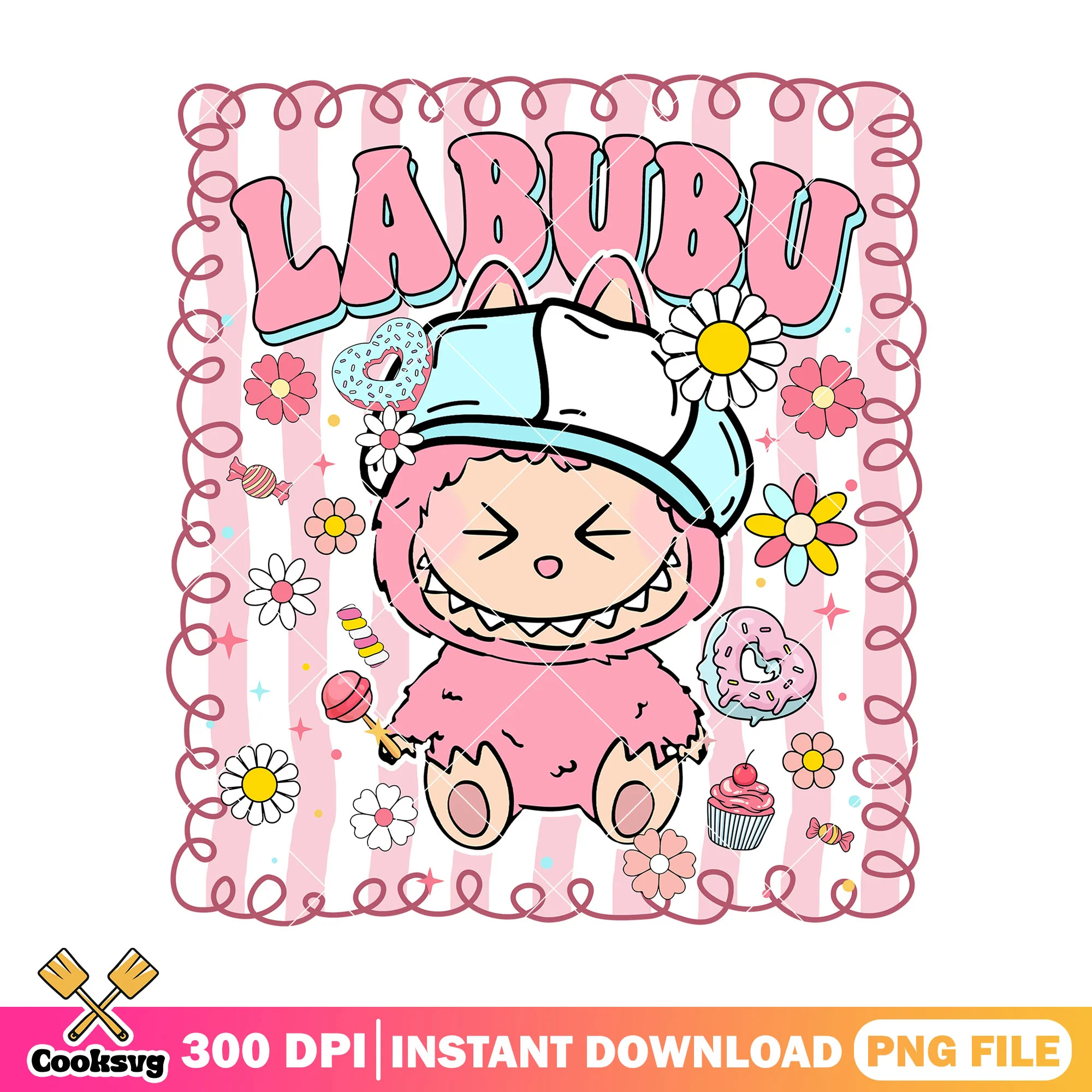 Labubu with white hat png, labubu pink png, labubu hehe png