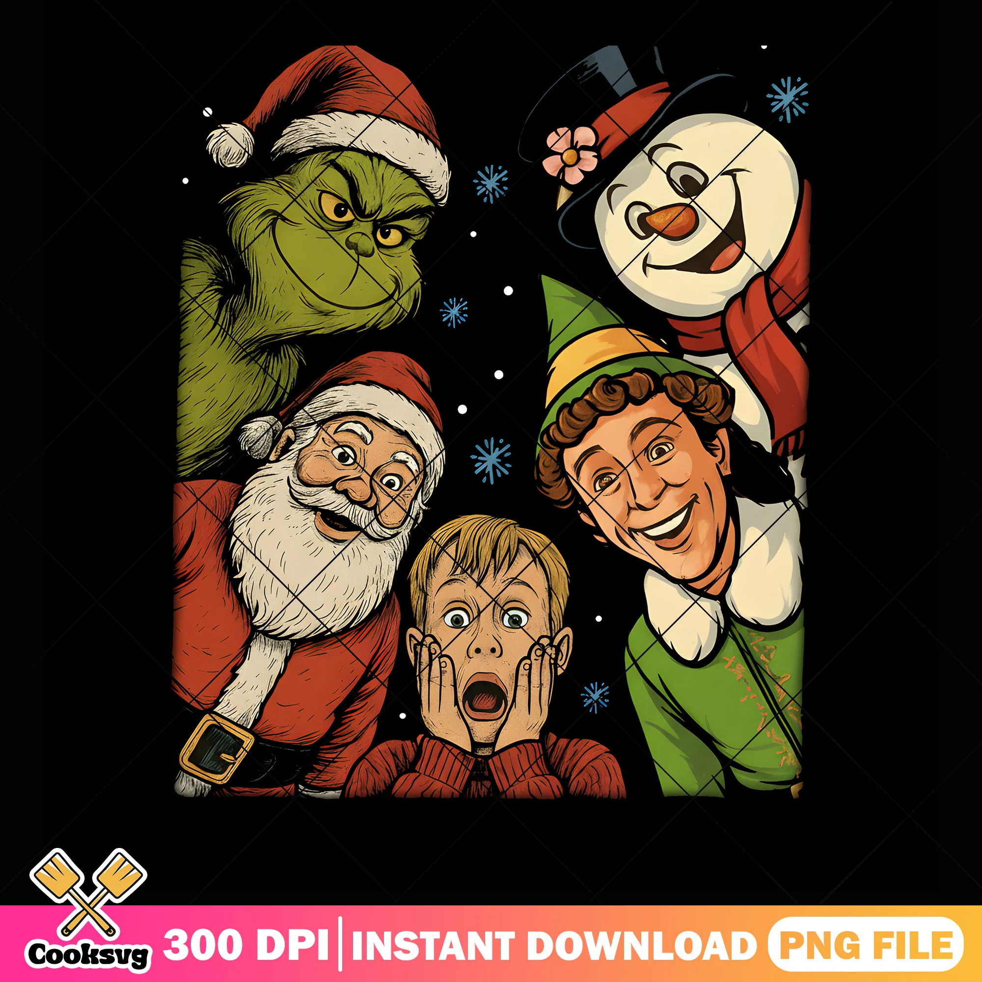 Little man and grinch png, santa claus costume png, snowflake png