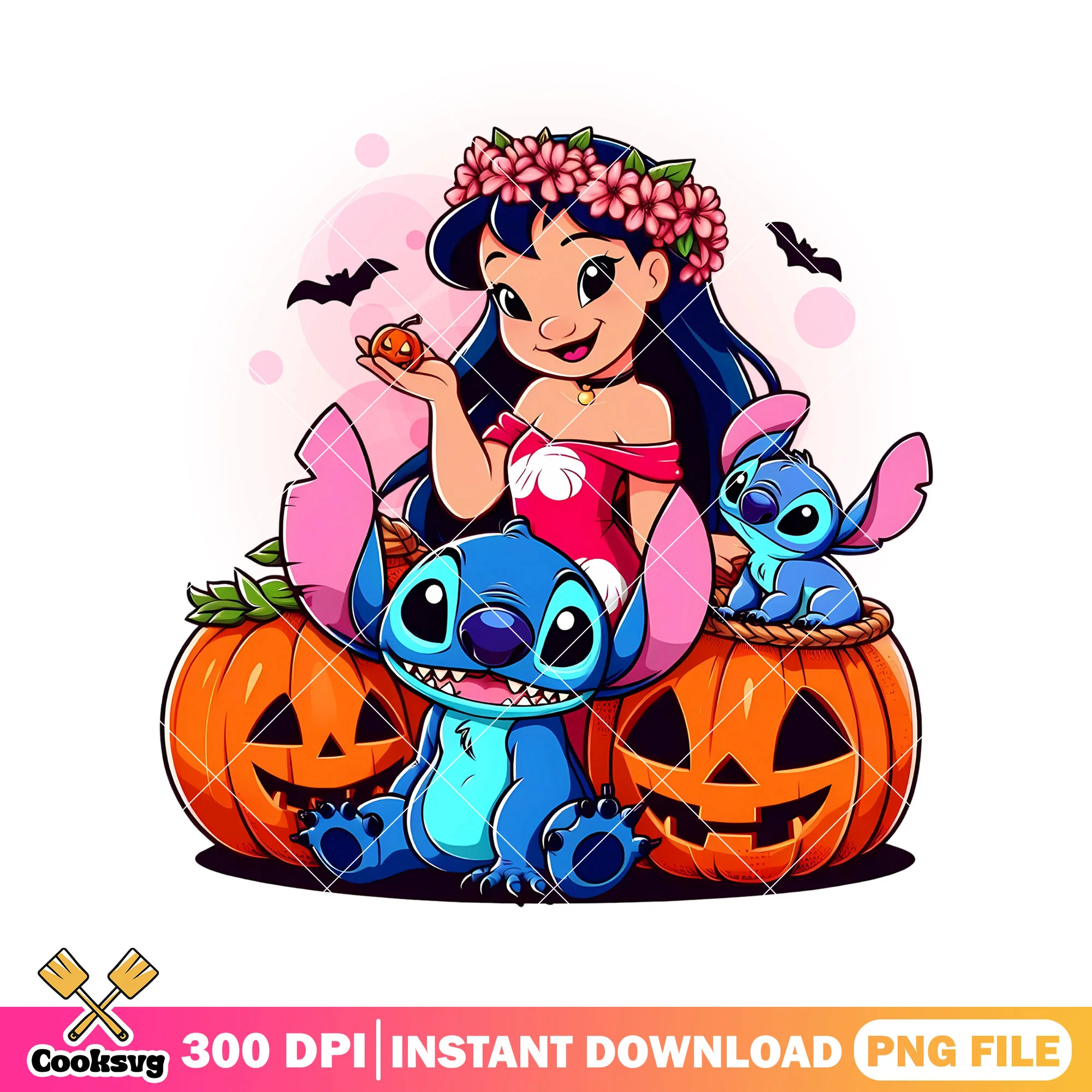 Lola and stitch png, wicker pumpkin png, disney halloween png