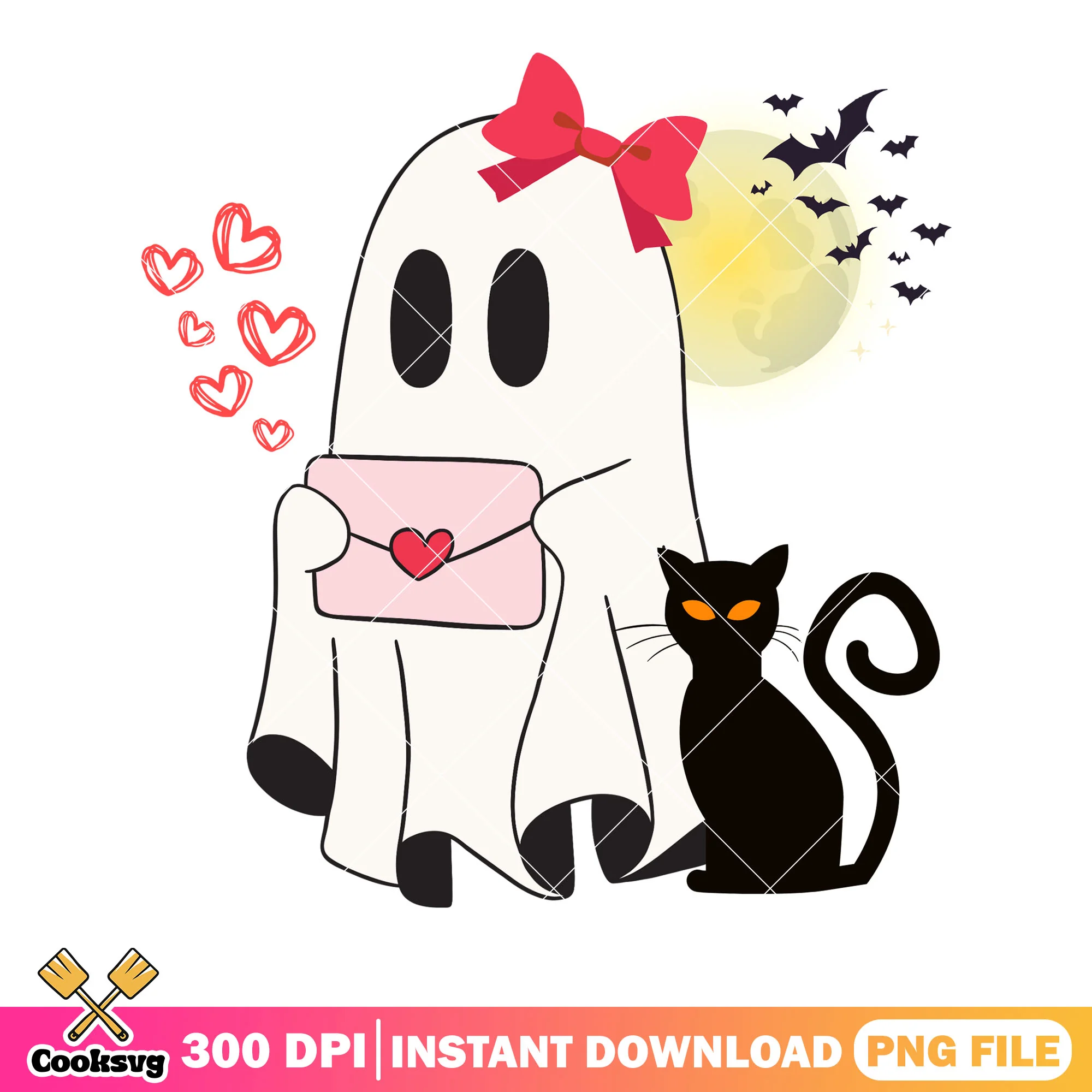 Love letter baby ghost png, black cat png, halloween scary png