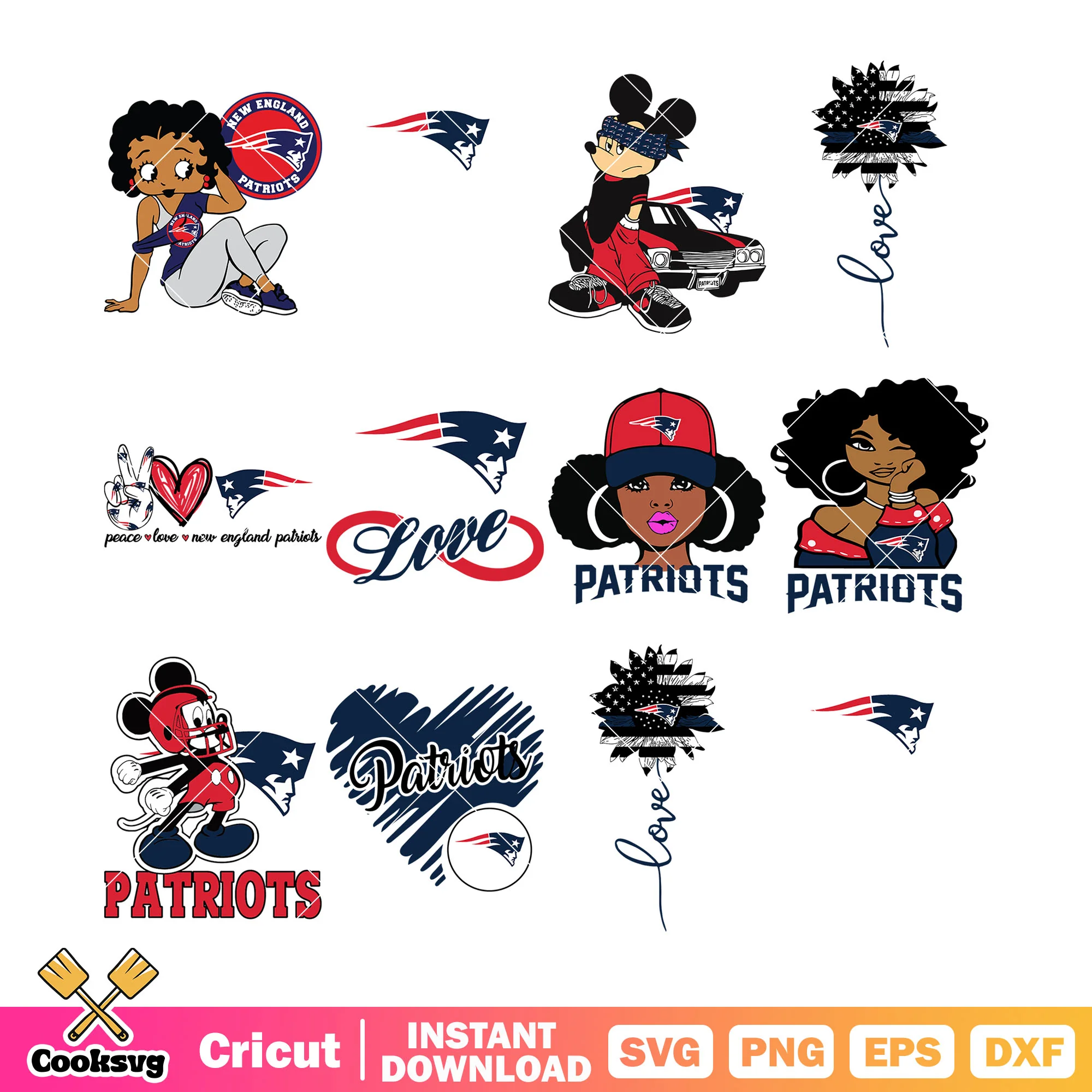 Love peace new england Patriots bundle svg, nfl teams svg, mickey mouse svg