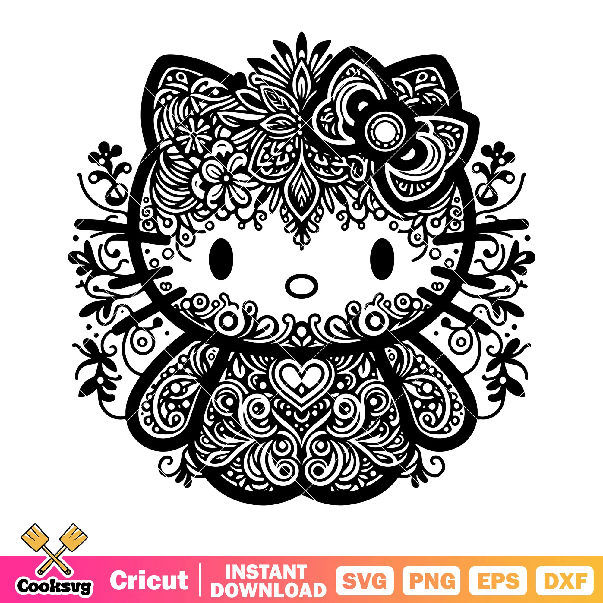 Mandala Hello kitty svg, black and white art svg, doodle art svg