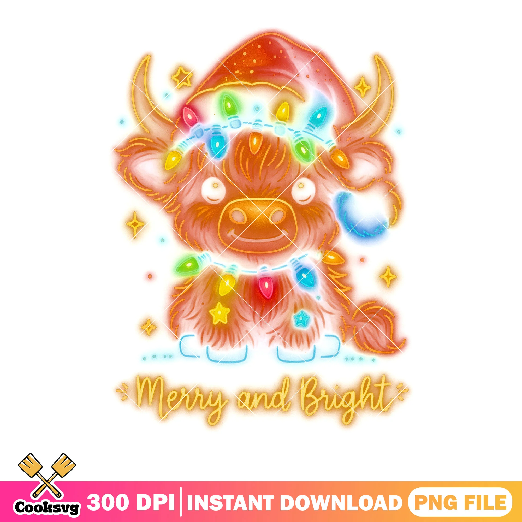 Merry and bright highland png, christmas gifts png, christmas lights png