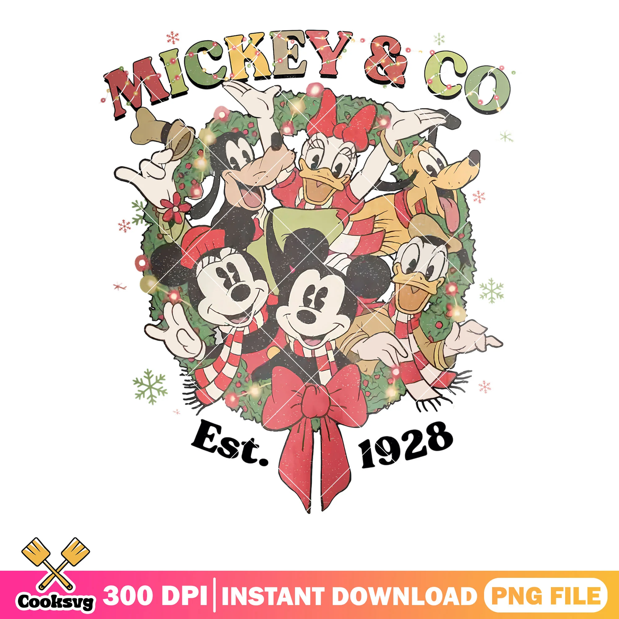Mickey and co est 1928 png, disneyland png, christmas wreath png
