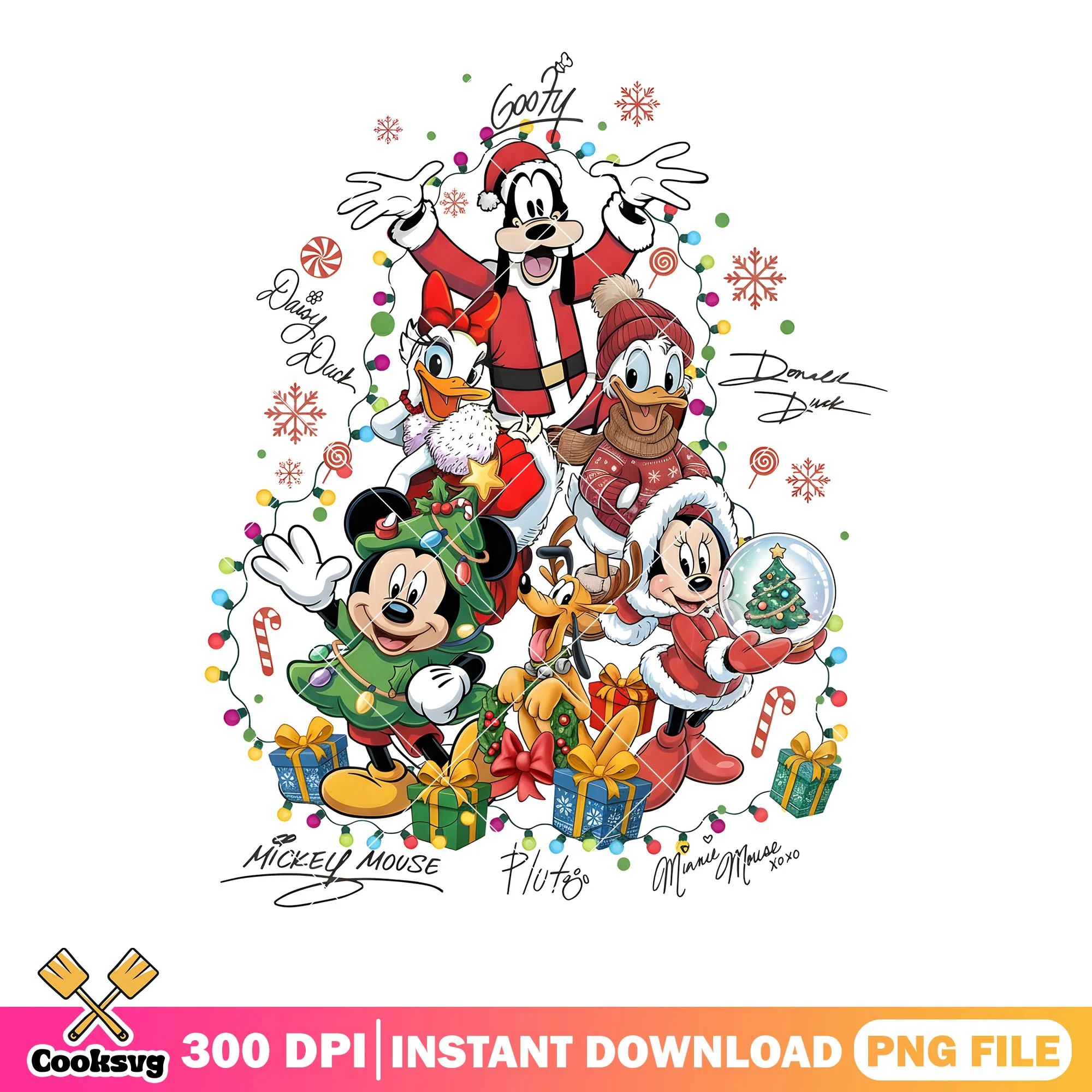 Mickey and minnie mouse png, christmas tree png, snowflake png