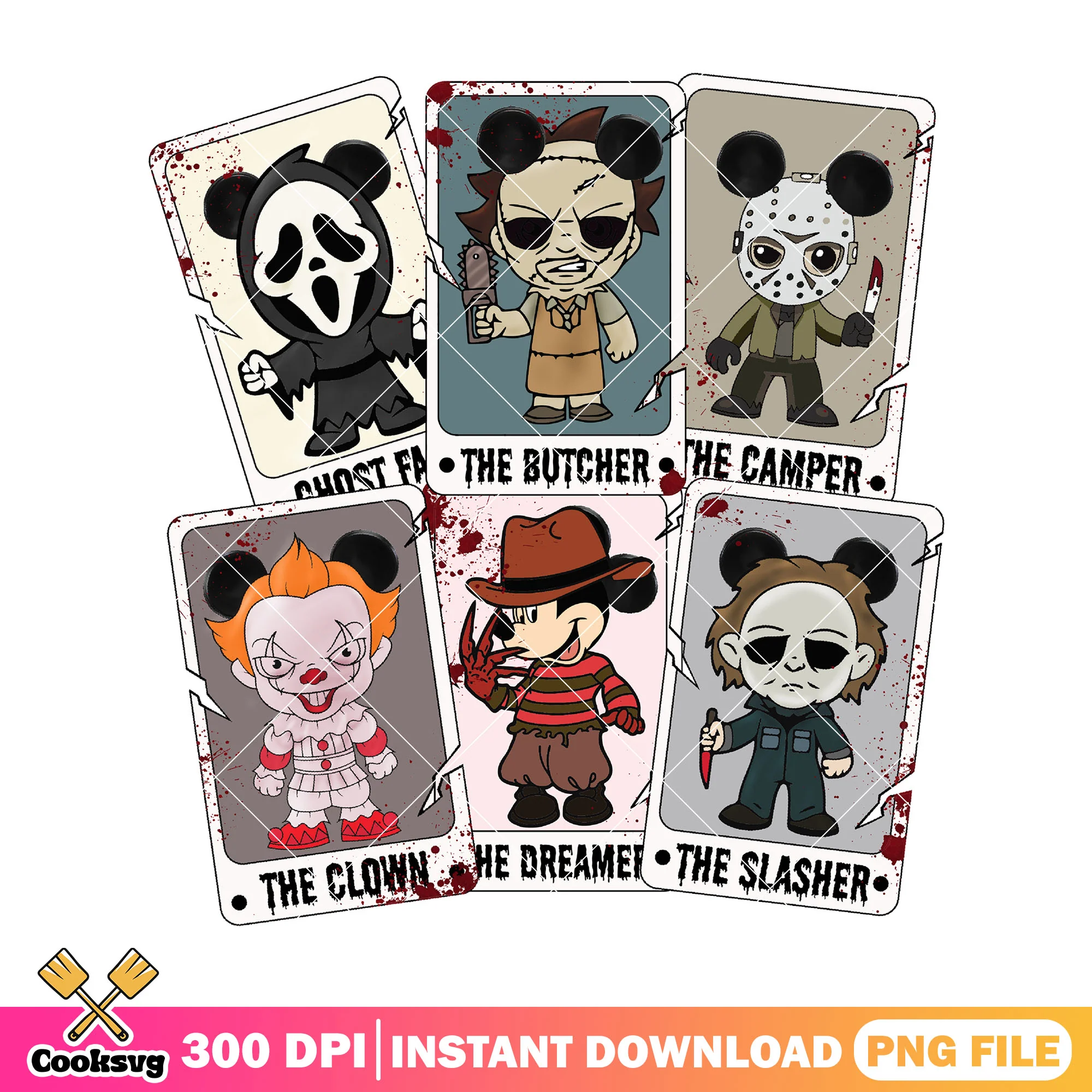 Mickey cosplay horror characters png, tarot card png, halloween movies png