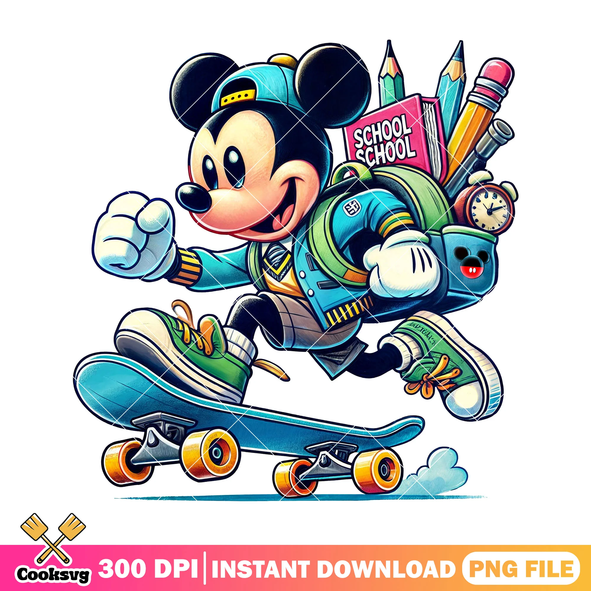 Mickey go skateboarding png, mickey mouse png, back to school art png