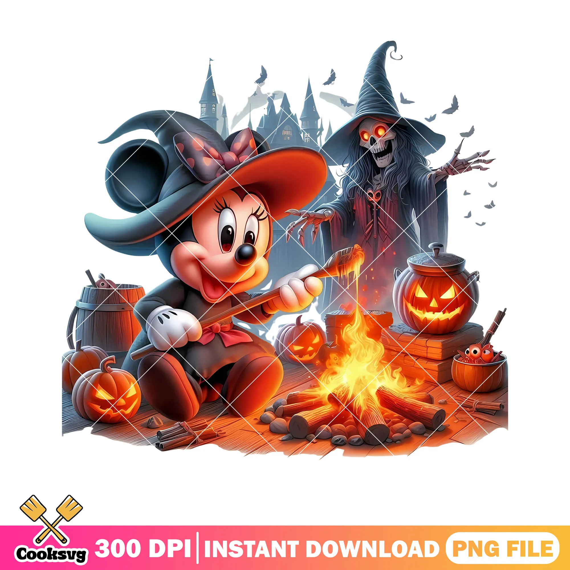 Minnie the skeleton witch png, Spooky castle png, jack o lantern png