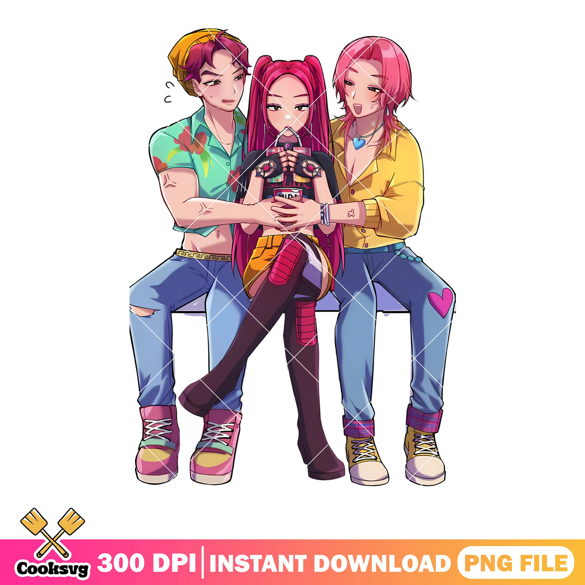 Mira abby romance kpop png, mira sitting between boys png, anime png