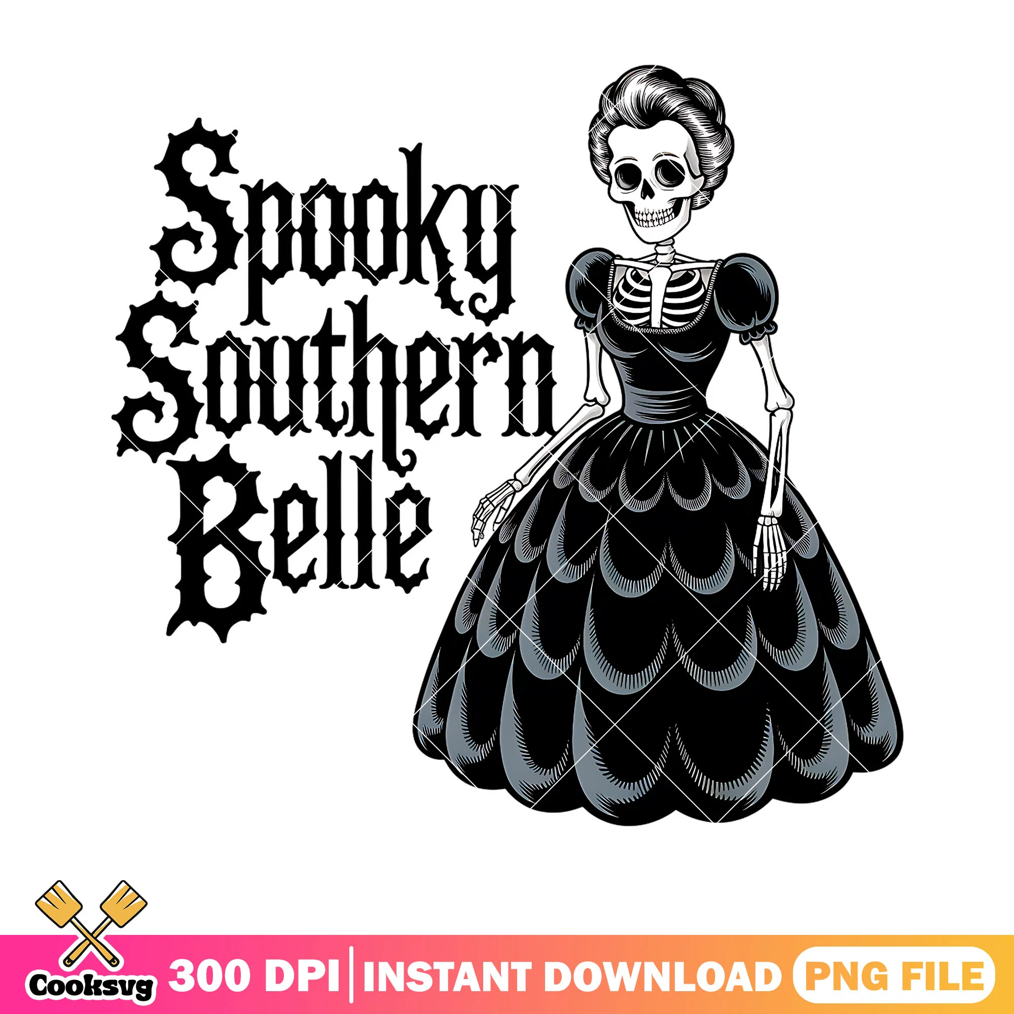 Miss skeleton southern png, evening dress png, scary halloween png