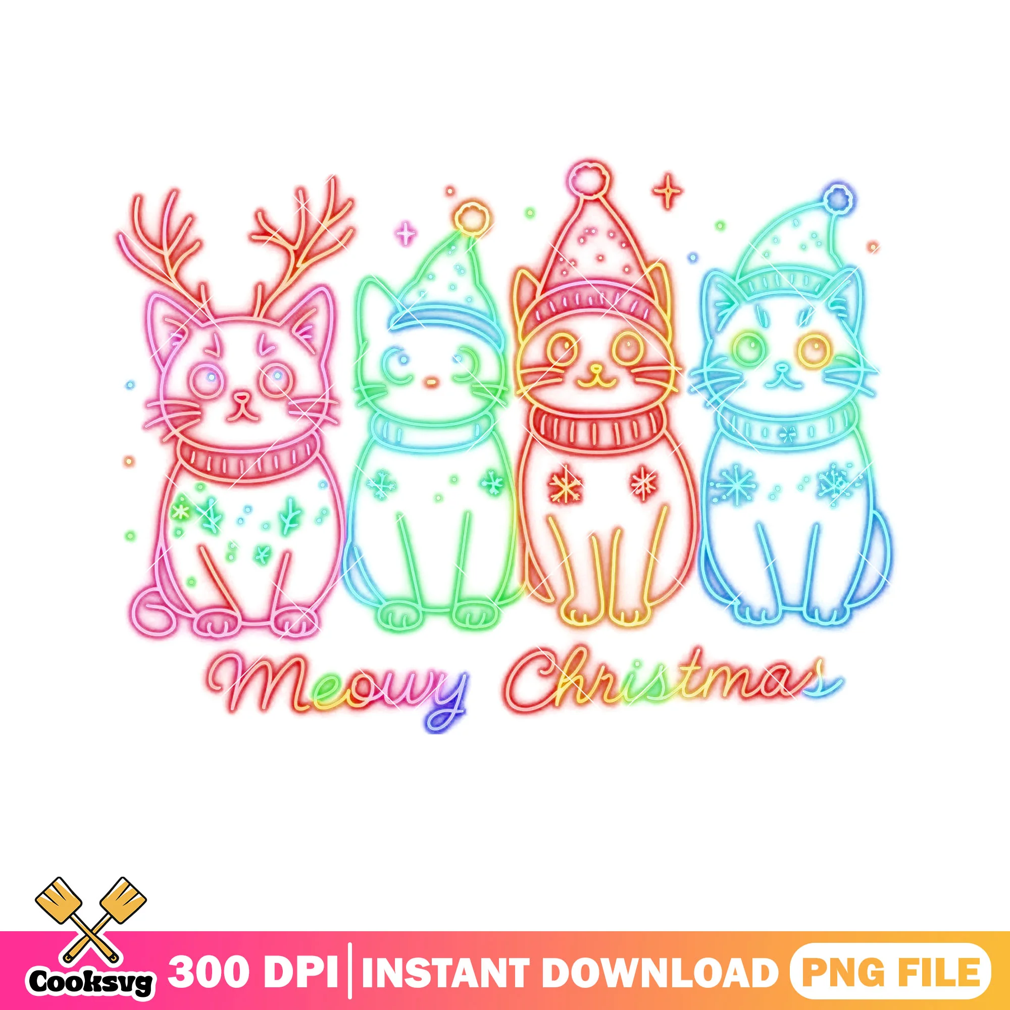 Neon cute christmas cat png, christmas vibes png, christmas gifts png