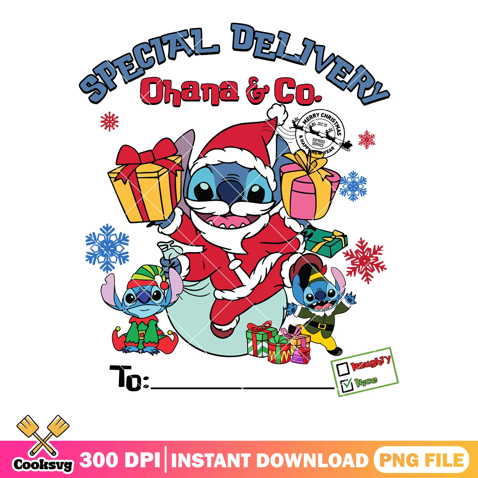 Ohana and co special delivery png, christmas stamps png, stitch png