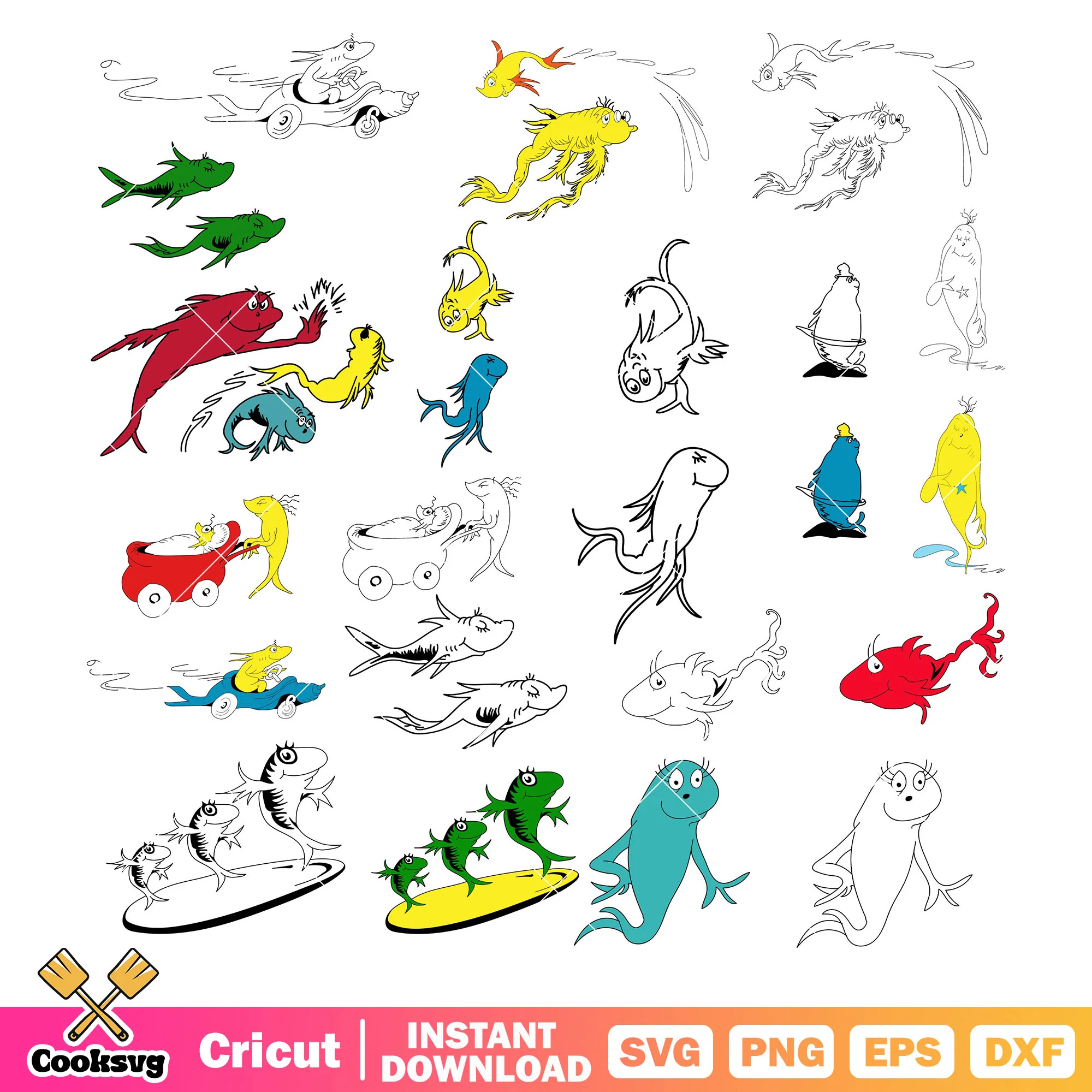 One fish two fish red fish blue fish svg bundle, dr seuss fish svg