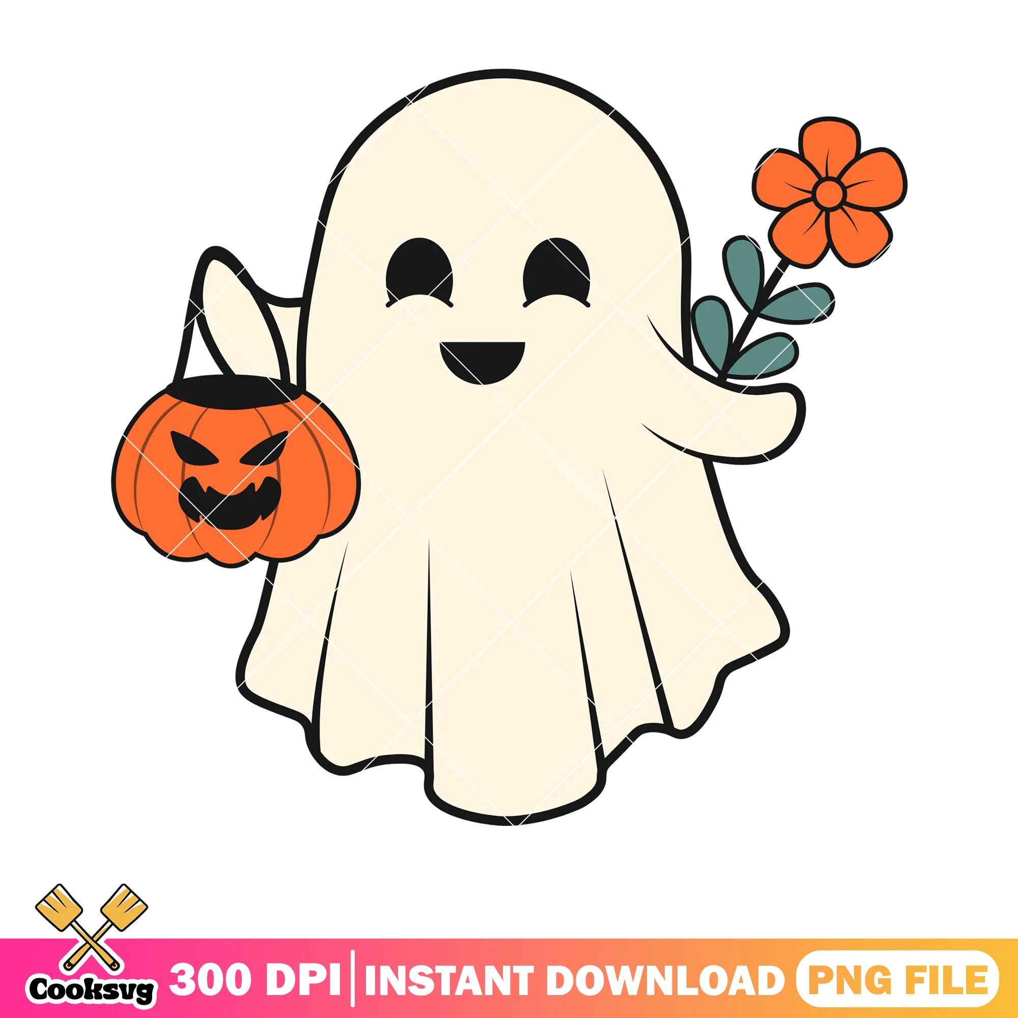 Orange flower and ghost png, jack o lantern png, scary halloween png