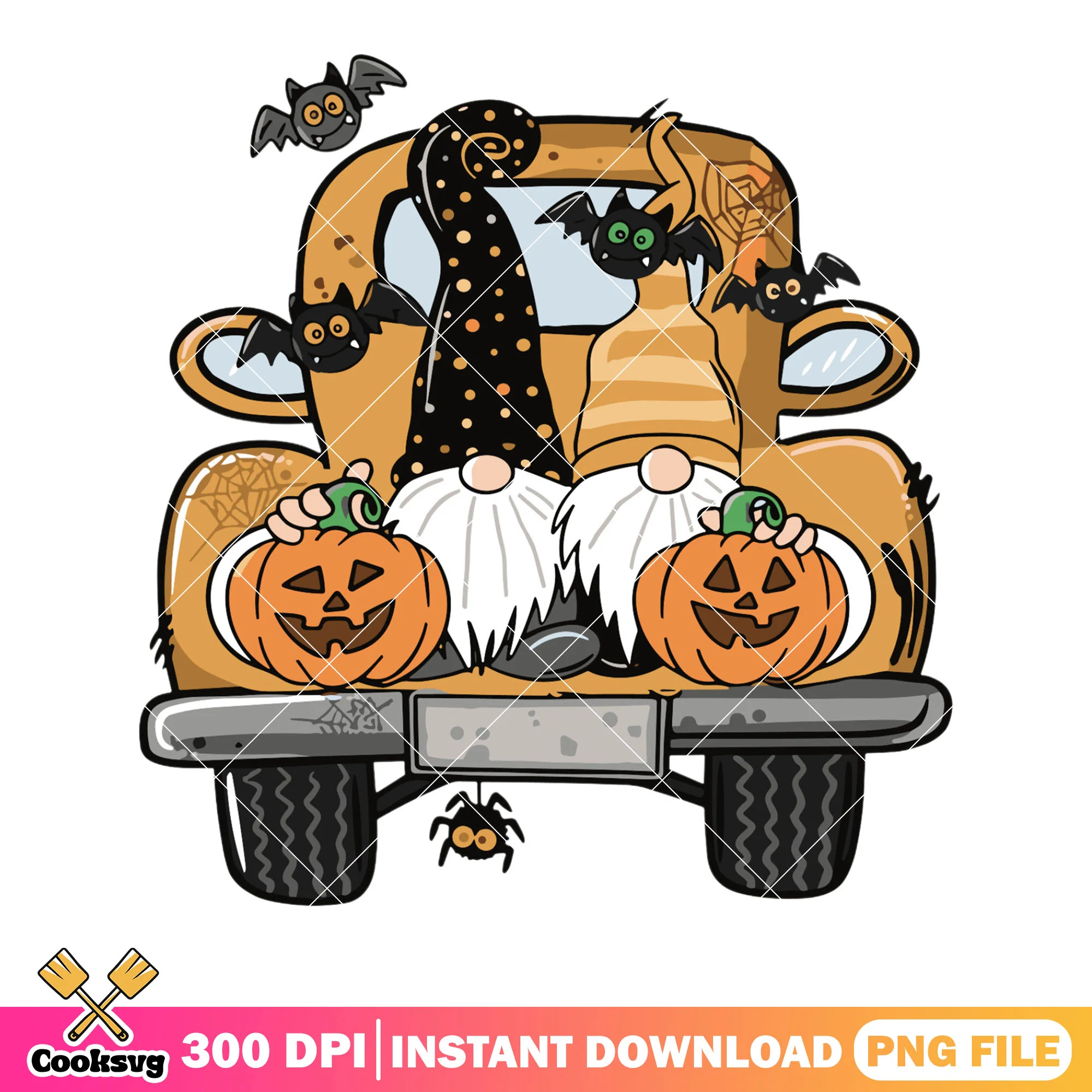 Orange truck two gnomes png, jack o lantern png, halloween night png