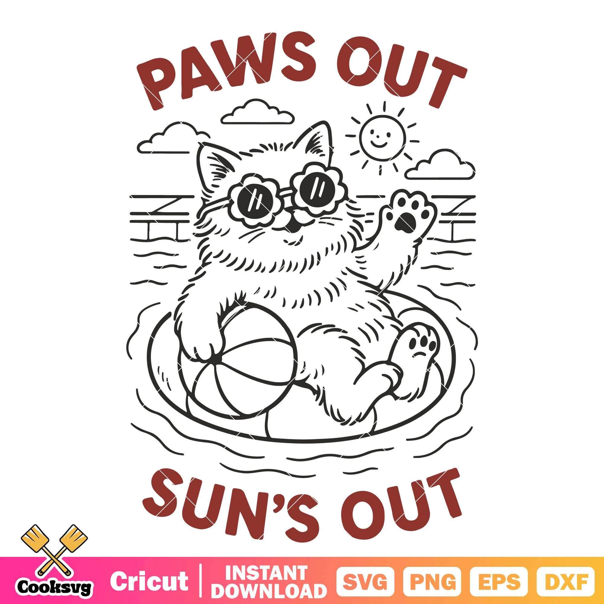 Paws out suns out svg, retro summer svg, cat summer svg
