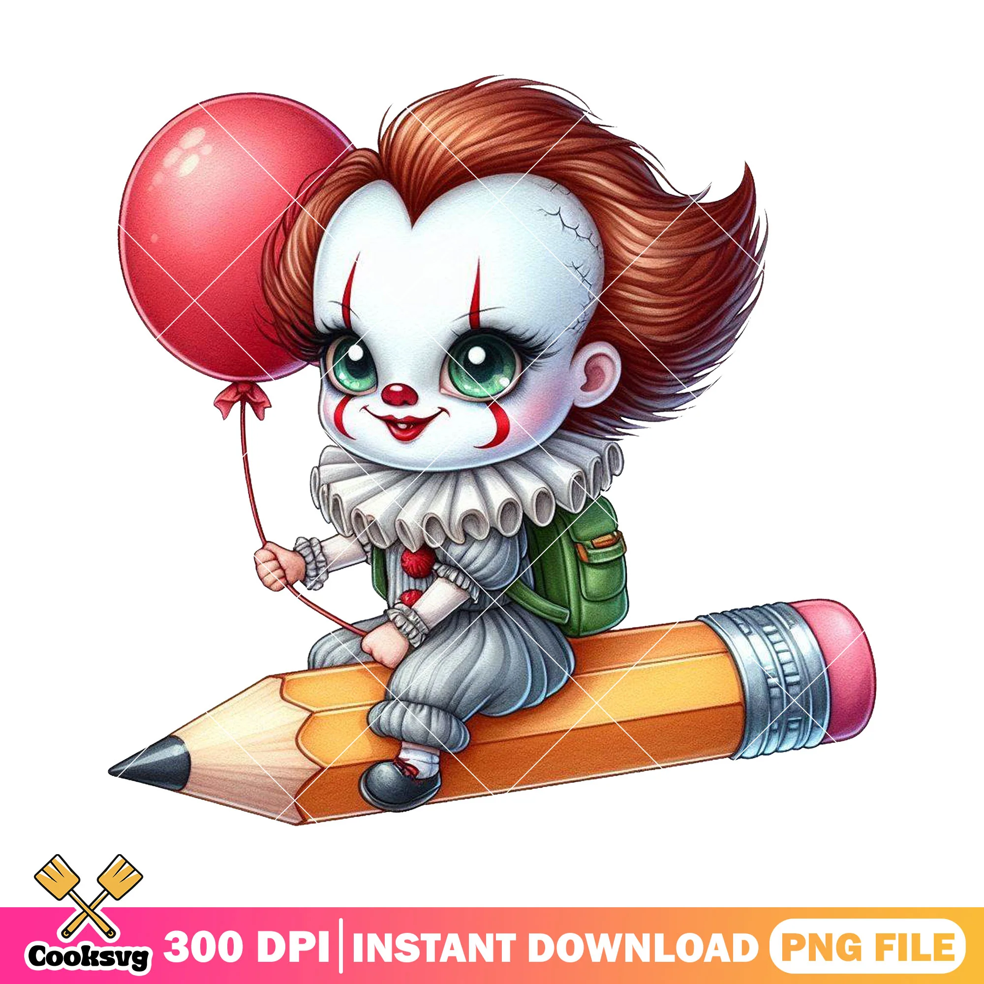 Pennywise on a pencil png, back to school art png, happy pennywise png