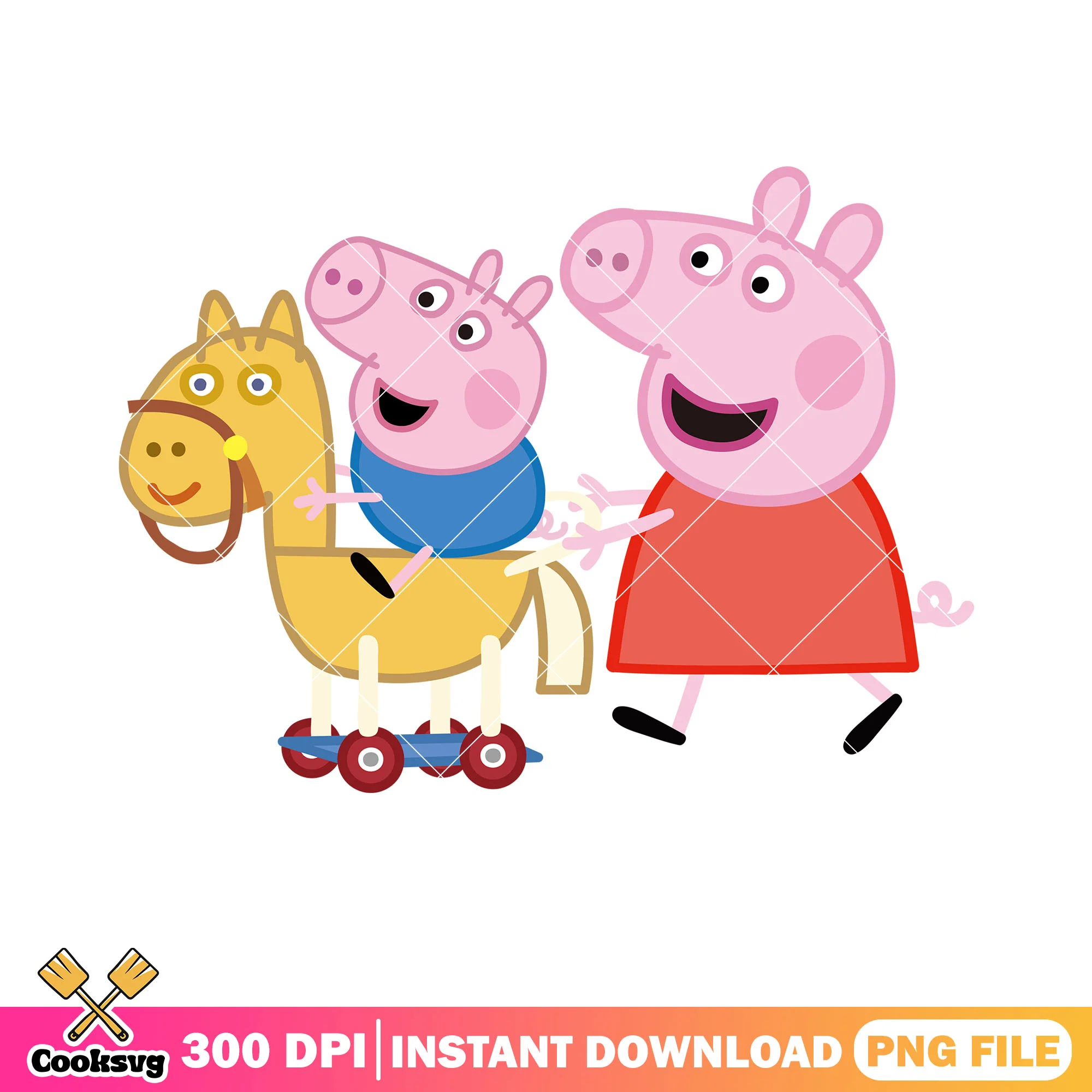 Peppa pig show peppa and george png, cartoon for kids png, wooden horse png