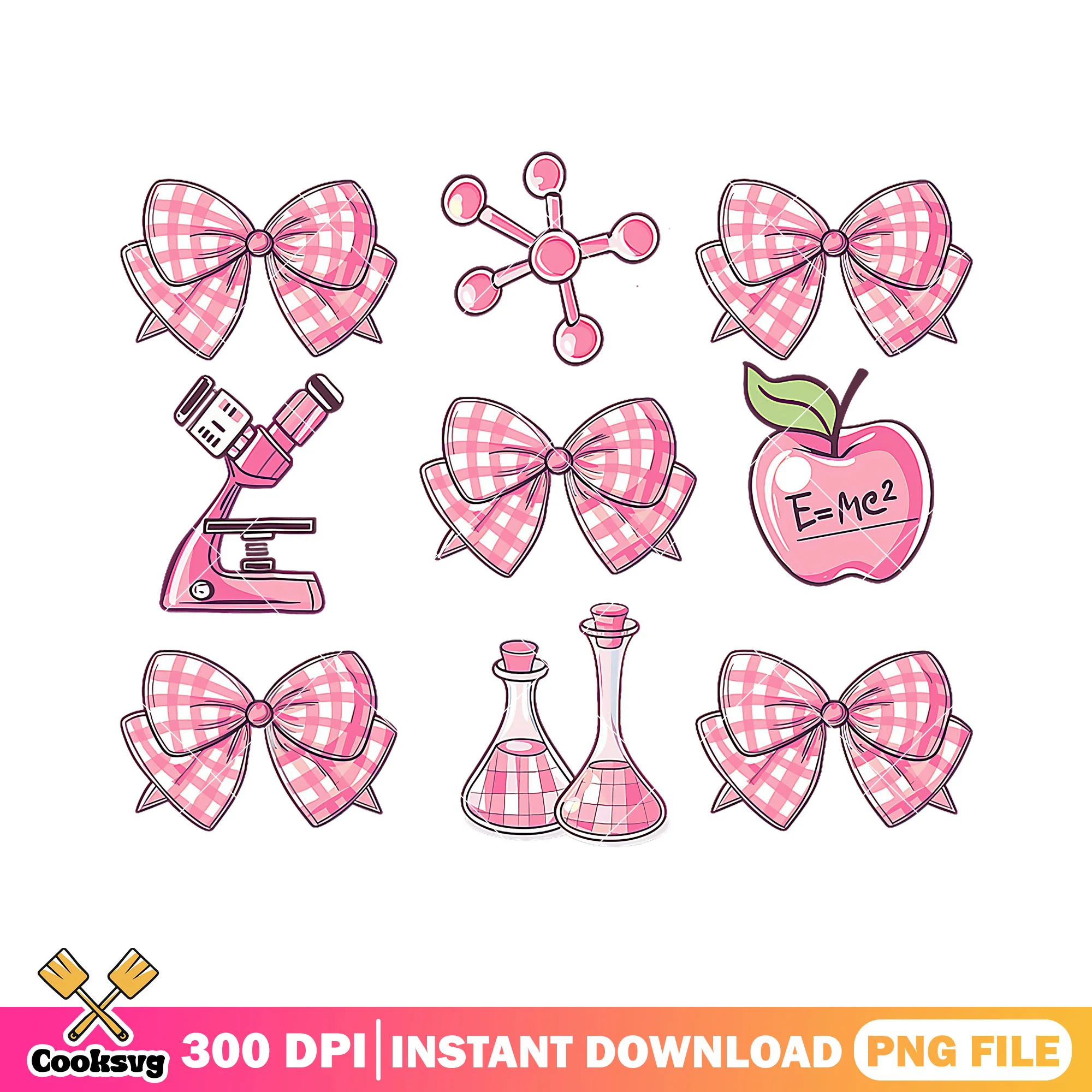 Pink chemistry items png, back to school day png, pink bows png