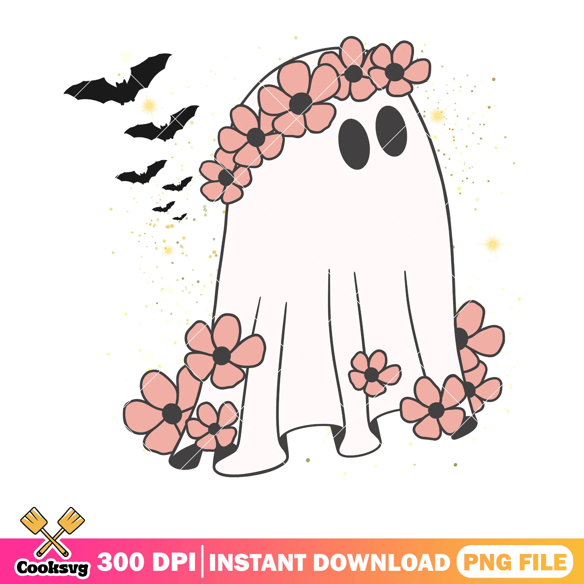 Pink garland crown ghost png, scary bats png, halloween scary png