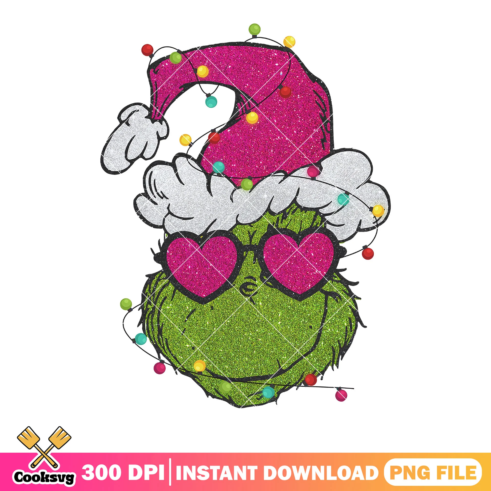 Pink glitter grinch png, cute face grinch png, light and pink hat png