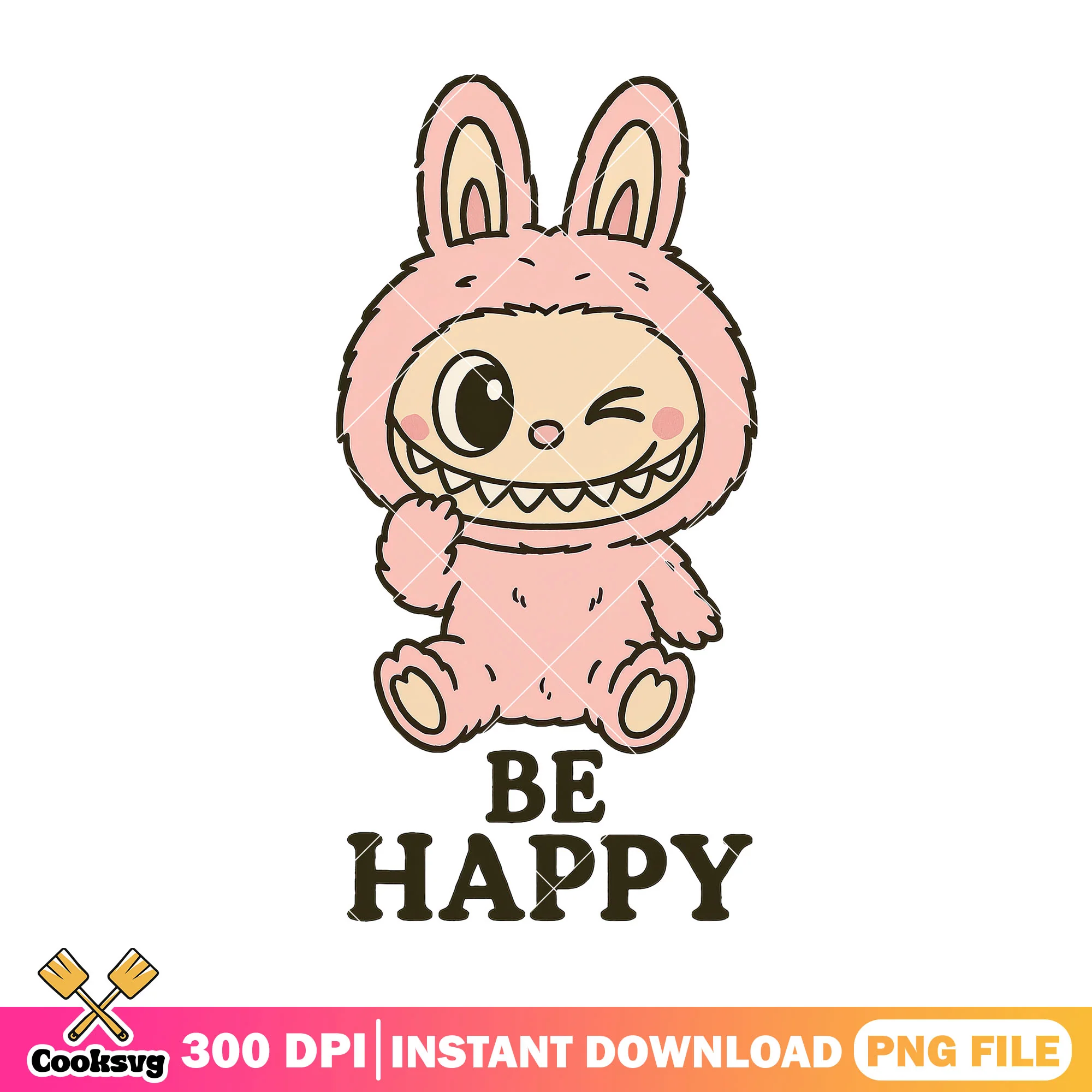 Pink labubu be happy png, pink labubu png, happy labubu png