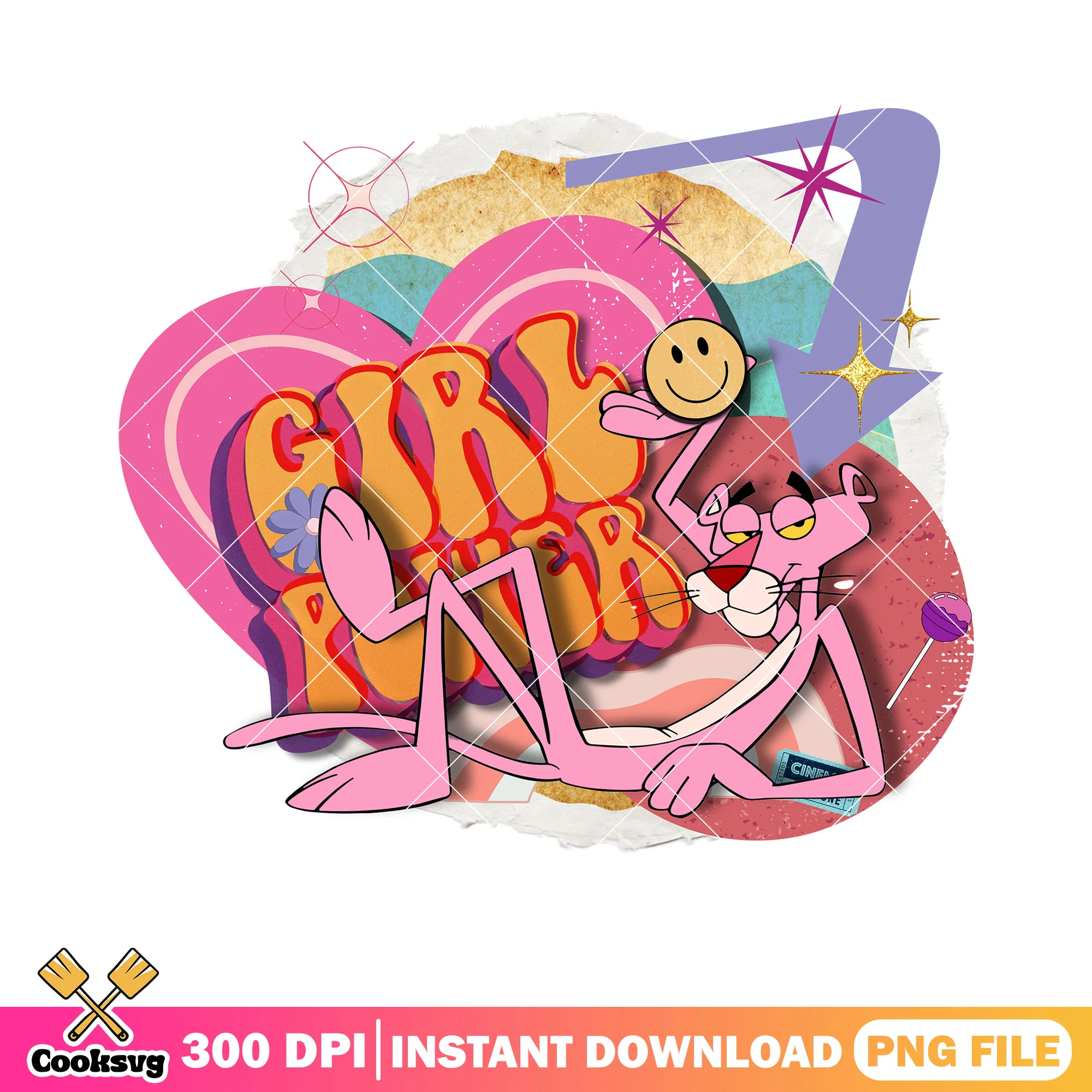 Pink panther retro cartoon png, girl power png, smile sticker png