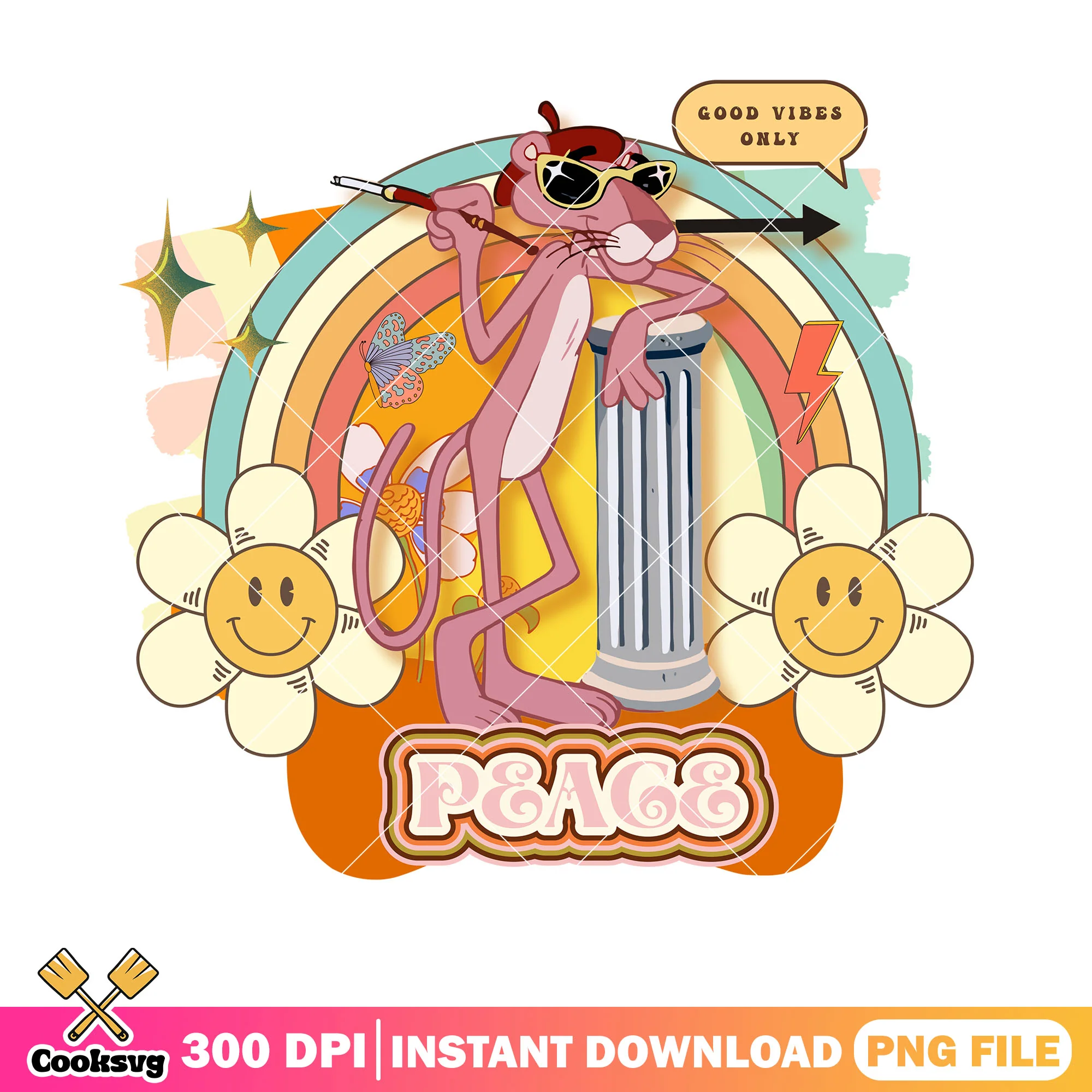 Pink Panther retro style png, peace and love png, 90s cartoon png