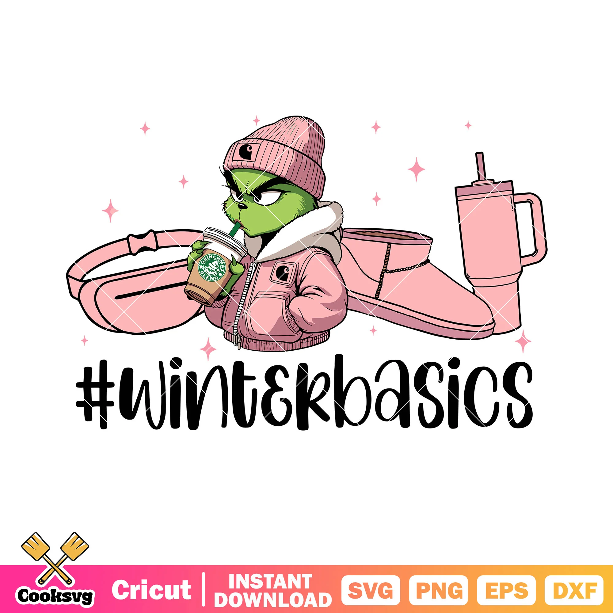 Pink Thermos cup svg, green moster svg, winter basics svg